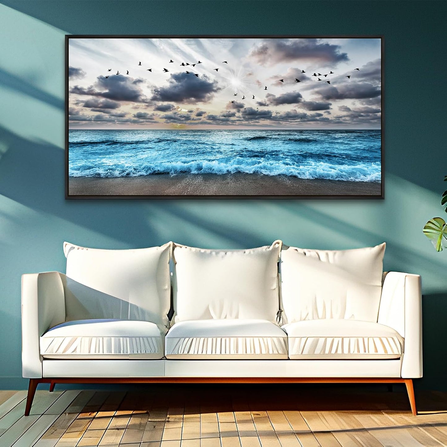 Wapluam Black Framed Canvas Wall Art For Living Room Large Wall Decoration For Bedroom Office Wall Decor Black And White Wall Painting Blue Sea Wave Pictures Artwork Modern Hotel Room Home Wall Art