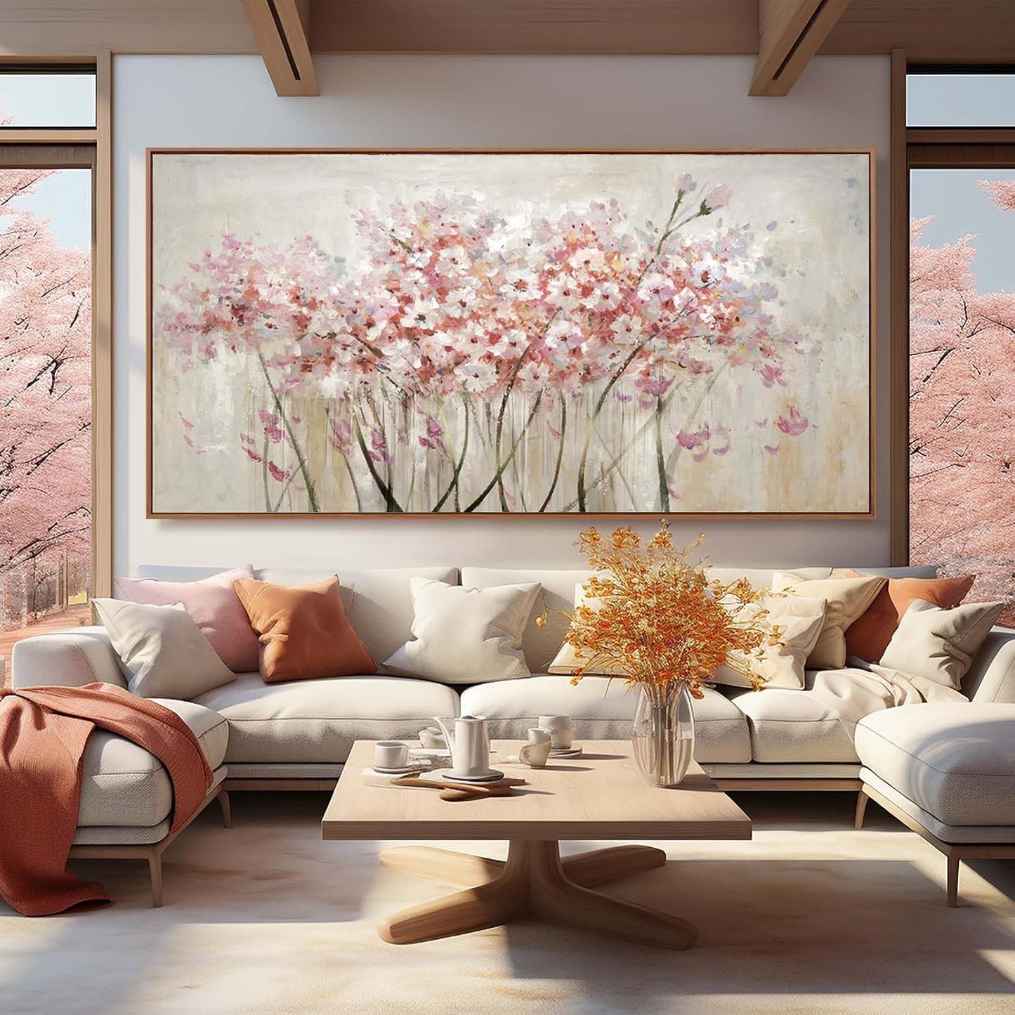 YJYart Landscape Wall Art Floral Wall Pictures Pink and White Canvas Wall Artwork 36"x70" Wall Prints for Living Room Office Wall Decor