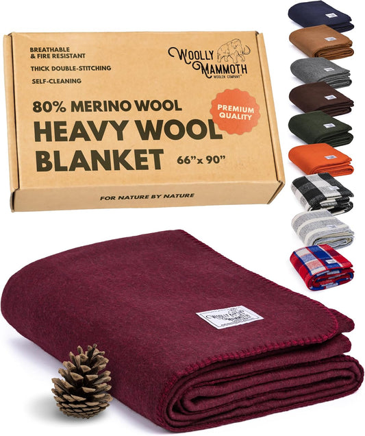 Woolly Mammoth Woolen Company Outdoor Merino Wool Throw Blanket - 66" x 90" Large Burgundy - Camping Essentials Bedroll & Emergency Survival Gear - Heavyweight Thermal & Breathable