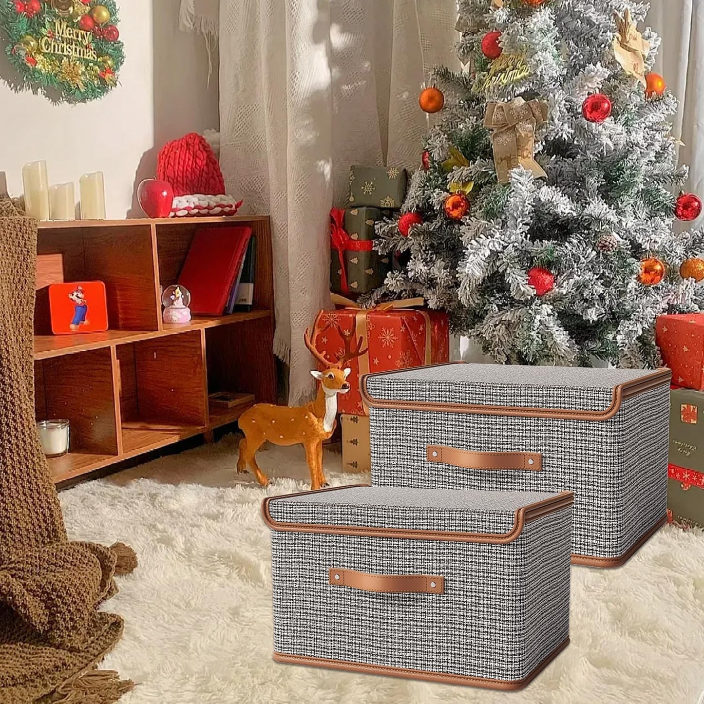 Tuza 4 Pack Storage Bins with Lids, Collapsible Closet Organizer Container, Fabric Organizer Box with Handles, Decorative Storage Boxes with Lids for Organizing Clothes, Books, Light Grey, Large