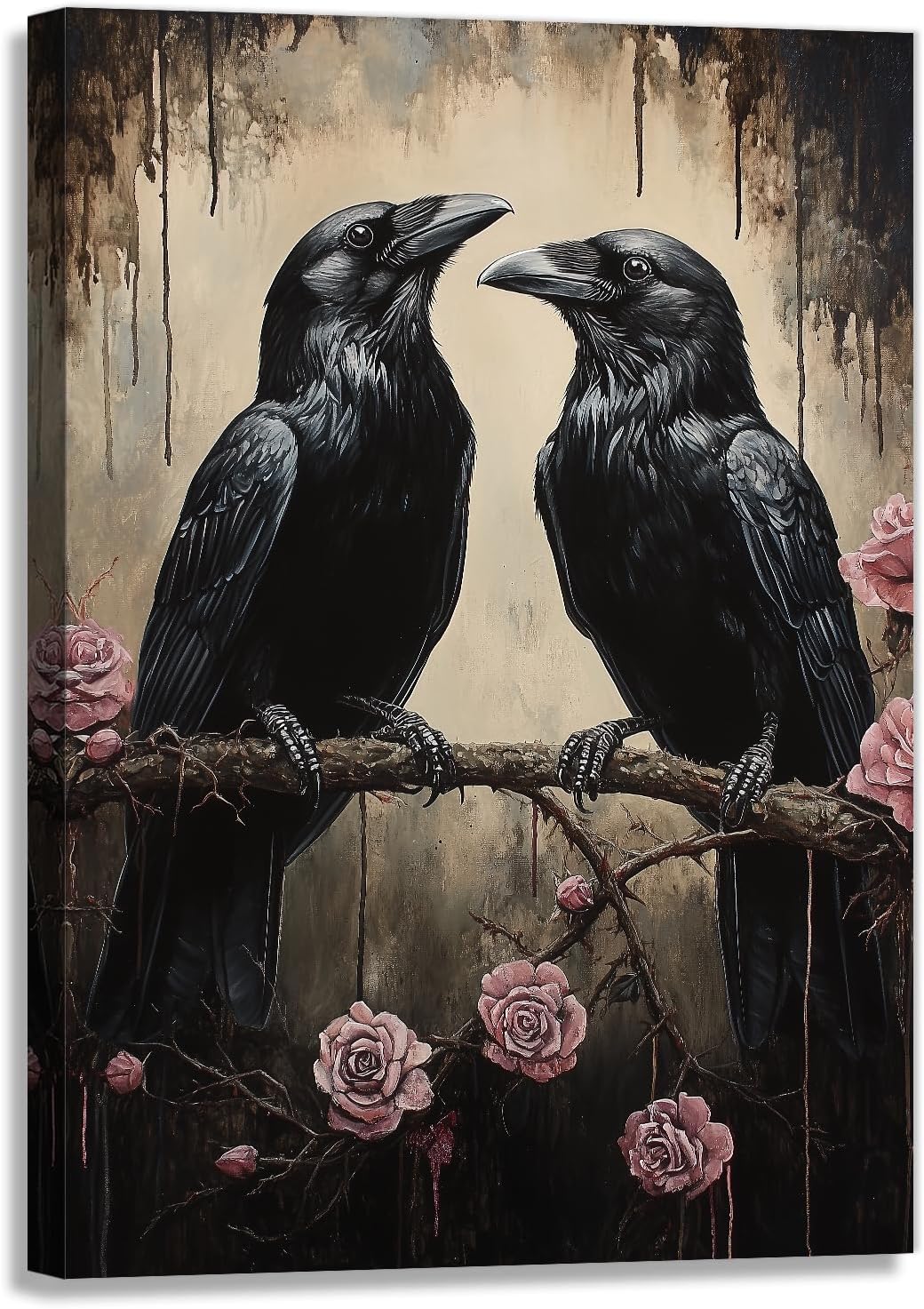 OAAPITI Crow Canvas Wall Art Black Raven Picture Print Pink Rose Poster Vintage Gothic Painting Artwork for Living Room Halloween Decor(Artwork-6,20"x30")