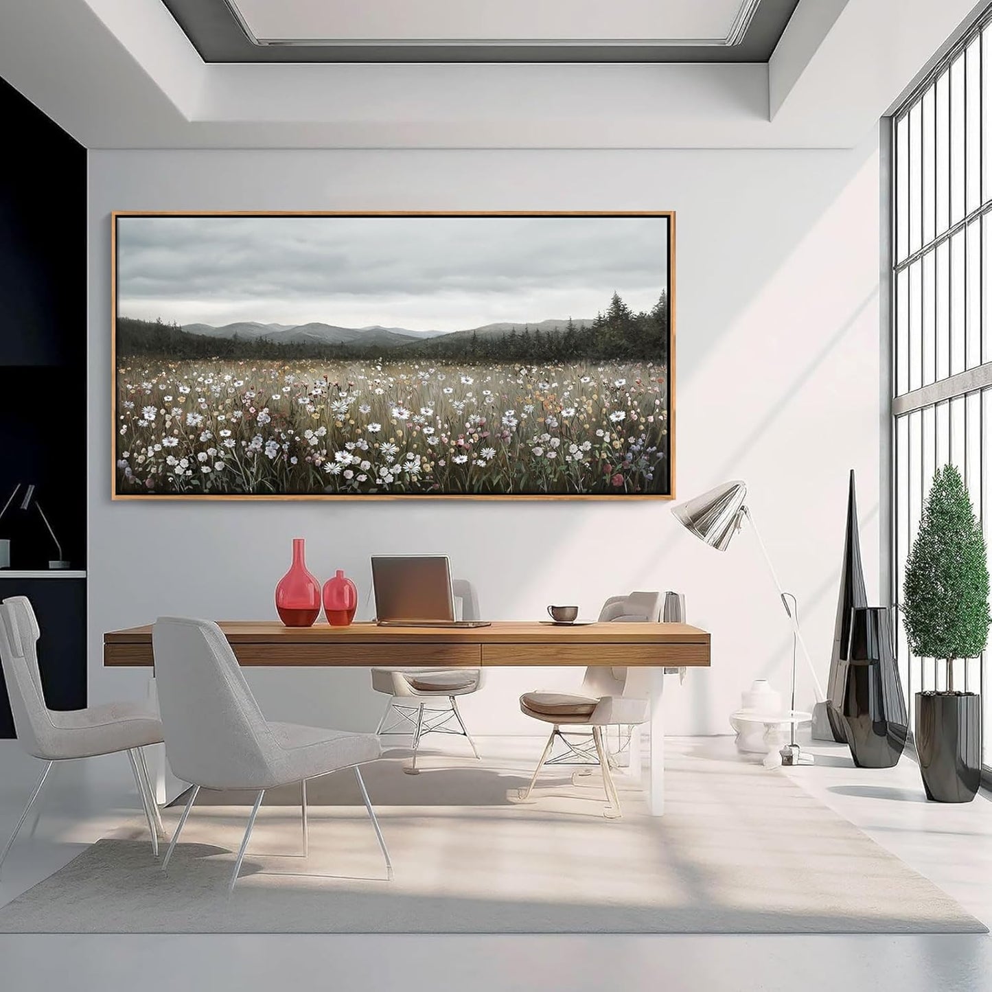 HGUAOA Vintage Landscape Wall Art for Bedroom and Living Room - Large Floral Artworks Farmhouse Wall Decor - Framed Neutral Nature Pictures - Above Bed Wall Decor with Mountain Scenery 29×58IN