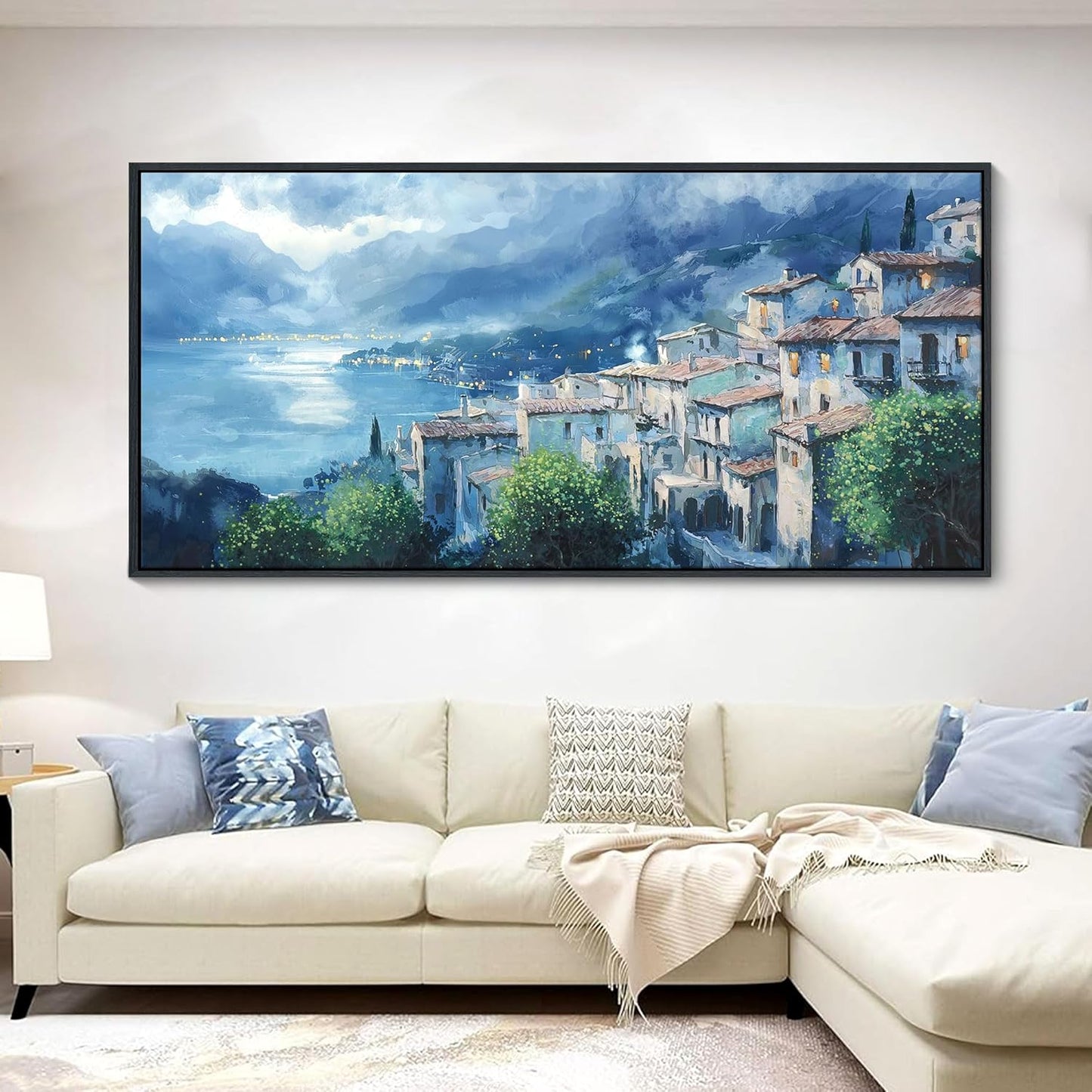 JEAWA Large Framed Canvas Painting - Landscape Wall Decor Ready to Hang, Gray Blue Town Picture, Lights of Thousands homes Art Prints for Bedroom Living Room Home Decoration, 29x58 IN