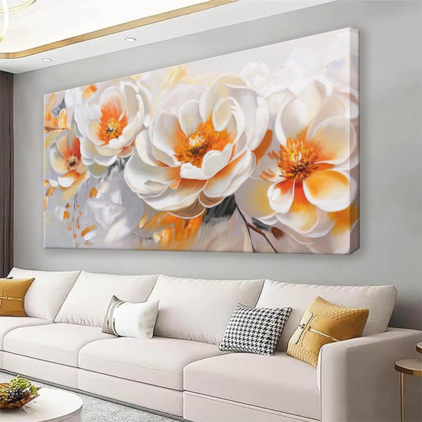 Suconvng Canvas Art Wall Decor Floral Wall Art For Living Room Modern Canvas Painting Prints Pictures Orange White Flower Wall Art Picture For Bedroom Hotel Home Wall Decor 24 X 48 Inch
