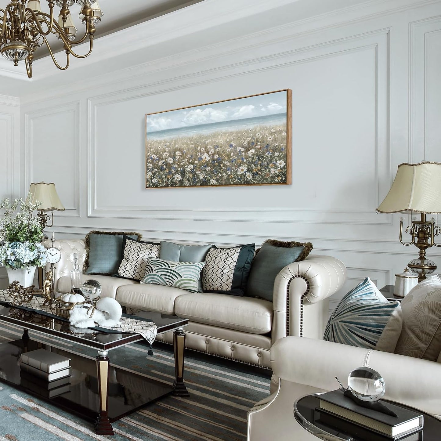 amatop Large Wall Art for Living Room Framed Boho Beach Coastal Floral Ocean Wall Picture Farmhouse Daisy Flower Sea Canvas Print Nautical Neutral Vintage Warm Artwork Home Bedroom Office Decor 48x24