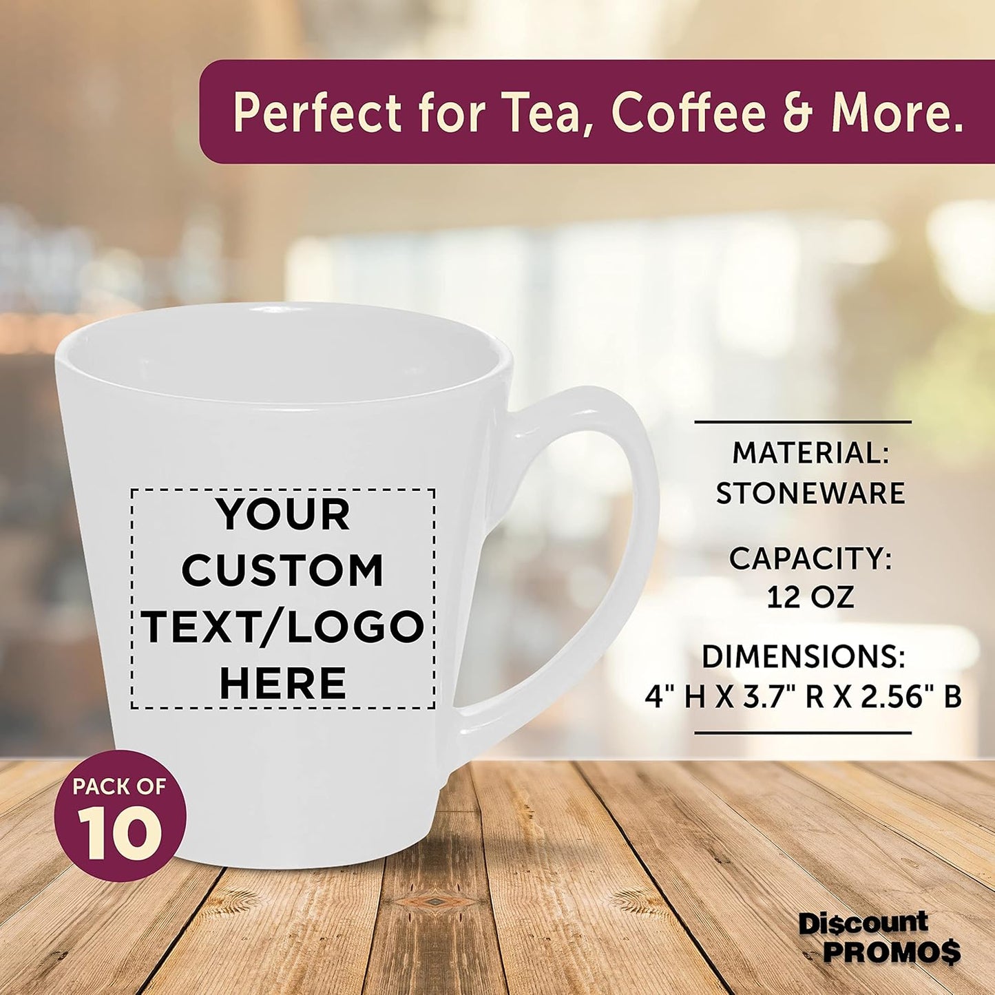 DISCOUNT PROMOS Custom Glossy Ceramic Latte Coffee Mug 12 oz. Set of 10, Personalized Bulk Pack - Perfect for Tea, Espresso, Cappuccino, Hot Cocoa - White