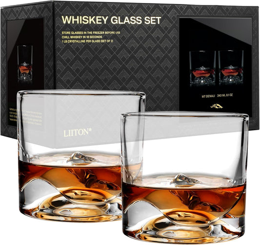 Denali Mountain Heavy Crystal Whiskey Glasses Gift Set of 2, Thick Freezable Bourbon Glass 1lb Each, Premium Whiskey Gifts for Men, Frozen Crystal Chills Cocktails, 10 oz