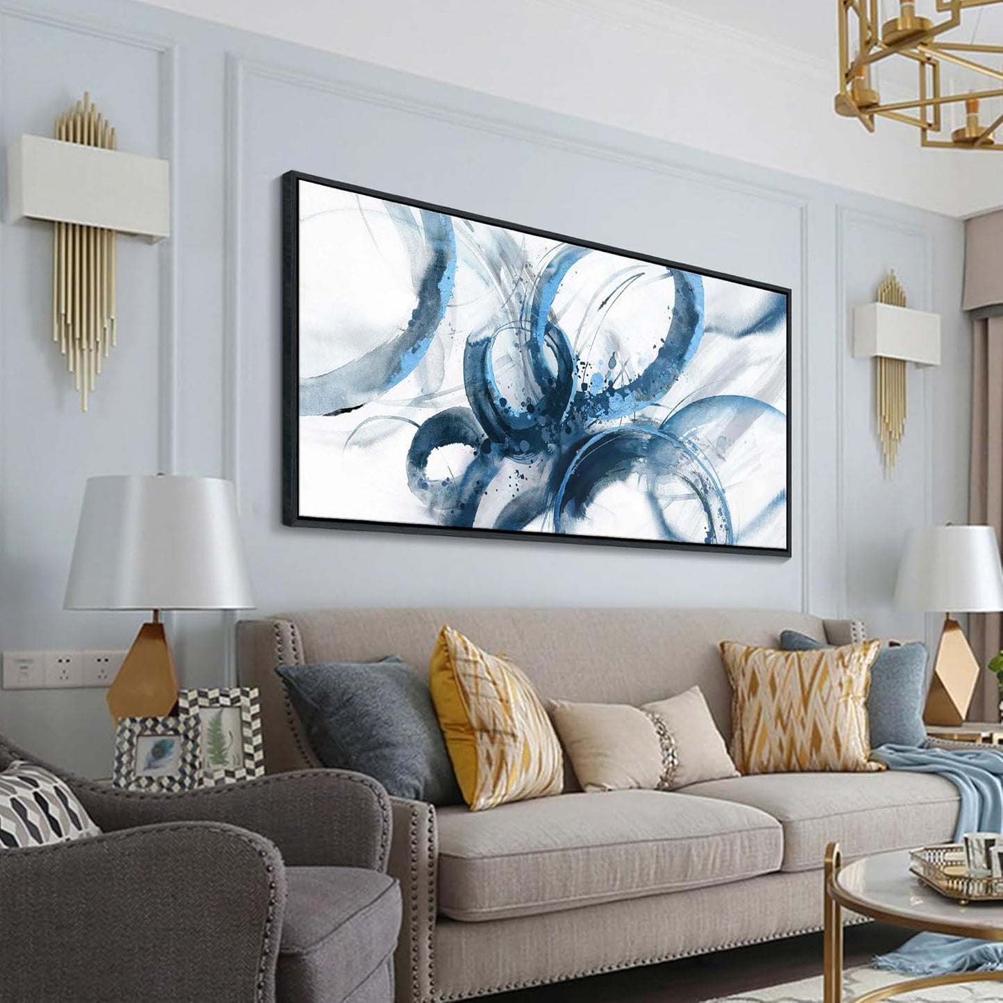 AJAZIKO Blue Canvas Wall Art Abstract Art Wall Decor Wall Art for Living Room Framed Artwork for Walls Paintings for Bedroom Modern Pictures Wall Decor Office Decoration 30×60IN