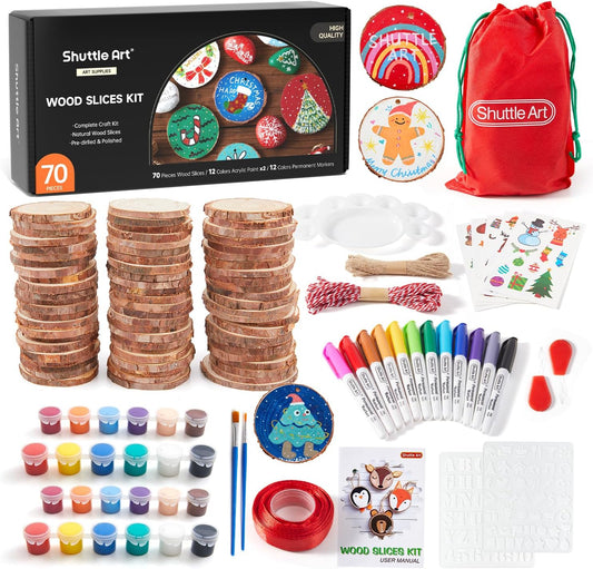 Shuttle Art Natural Wood Slices 70 PCS 2.8-3.1 Inches Craft Wood Ornament Kit, Unfinished Predrilled Wooden Circles with Hole, Jute Twine, Acrylic Paint, Markers for DIY Decoration