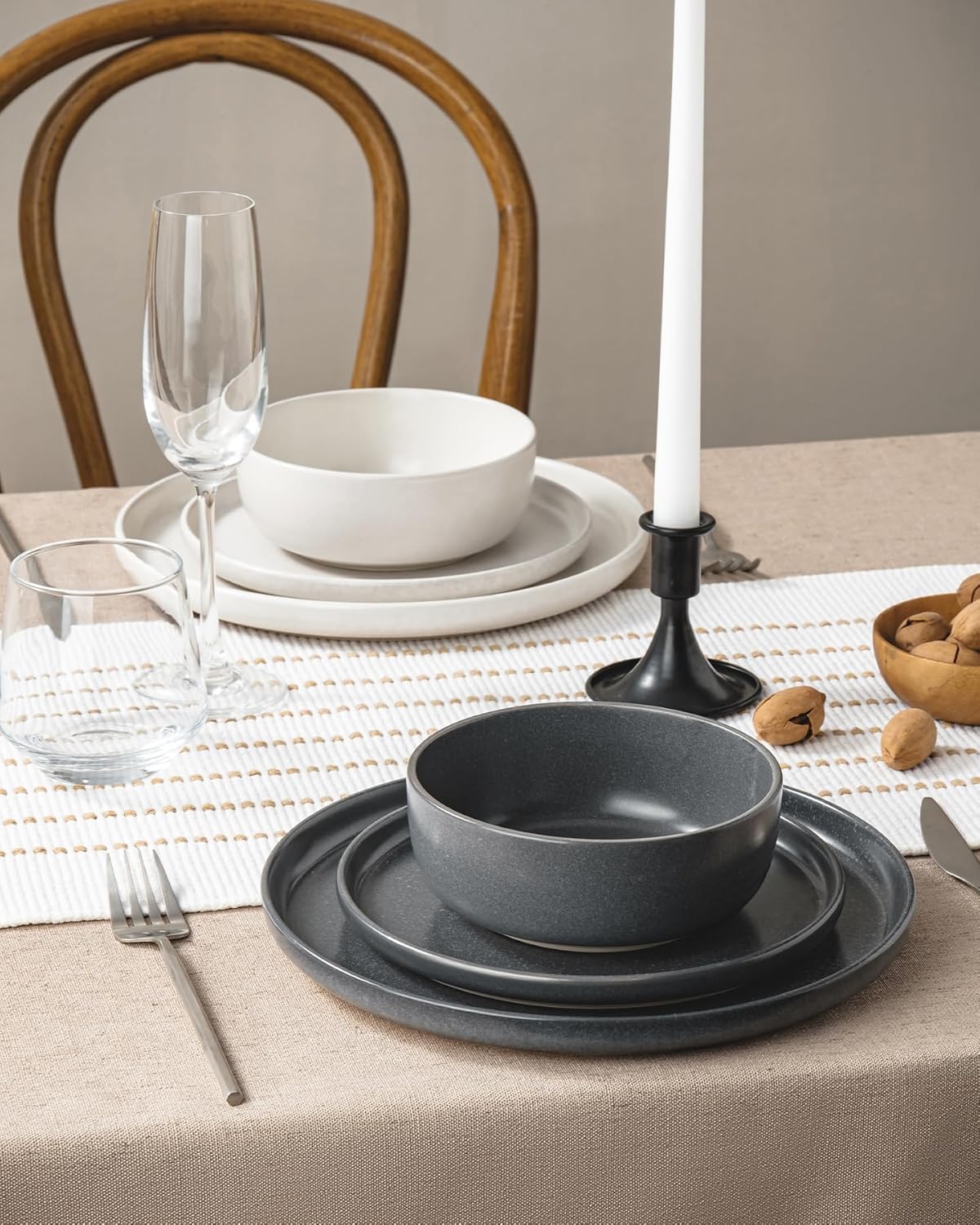 Famiware Milkyway Plates and Bowls Sets, 12 Pieces Dinnerware Sets, Reactive Glaze Dish Set, Stoneware Dishes Set for 4, Matte White & Matte Dark Charcoal