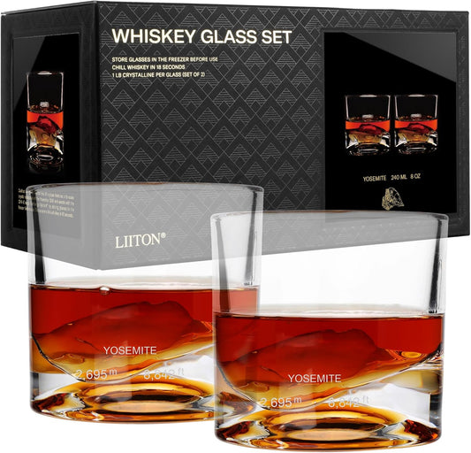 Yosemite Heavy Crystal Whiskey Glasses Gift Set of 2, Thick Freezable Bourbon Glass 1lb Each, Premium Whiskey Gifts for Men, Frozen Crystal Chills Cocktails, 10 oz