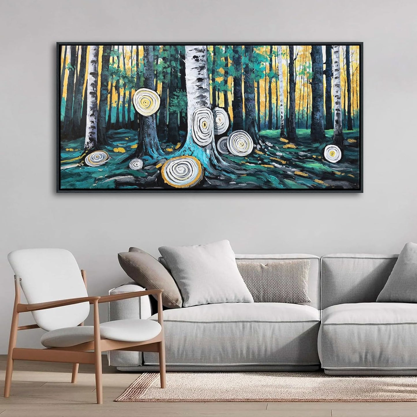 QZQCBLC Large Wall Art Bedroom, Green Tree Yellow Forest Canvas Wall Pictures Modern Abstract Ring Landscape Paintings Artwork for Living room Home Office Artwork Framed Decor 29x58 IN
