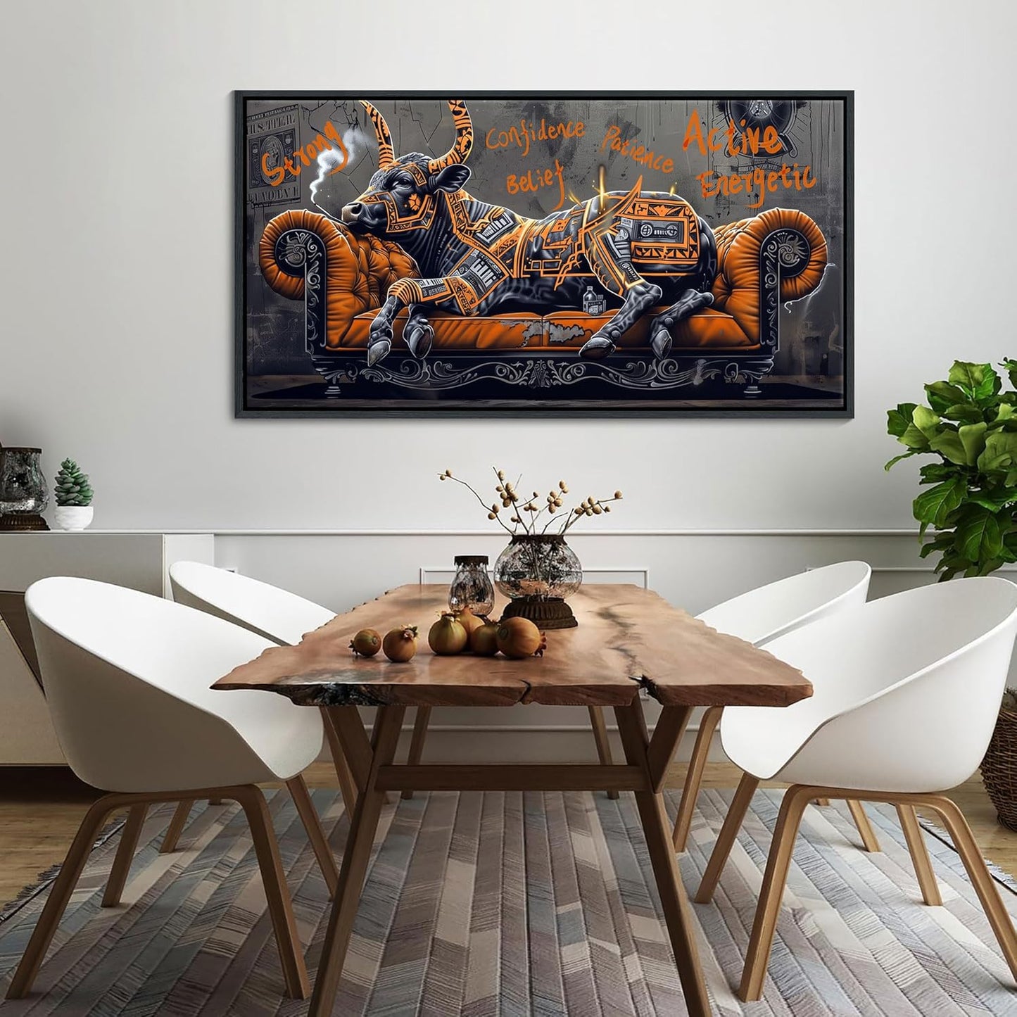 JEAWA Framed Canvas Wall Art - Creative Wall Art for Bedroom Living Room Bathroom, Modern Artwork Decor for Home Decoration, Strong Bull Color Graffiti, 24x48 IN