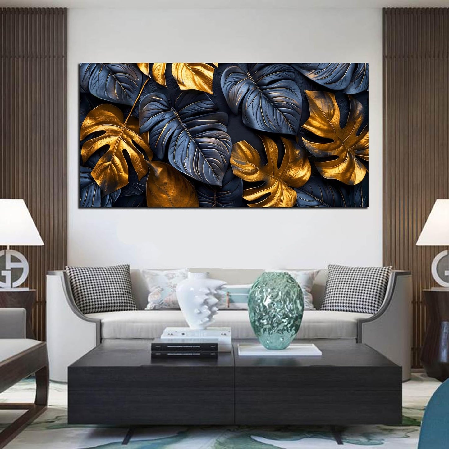 Leaves Pictures for Living Room Wall Decoration - Black and Gold Canvas Wall Art Bedroom - Modern Wall Art for Dining Room Size 29" x 59"