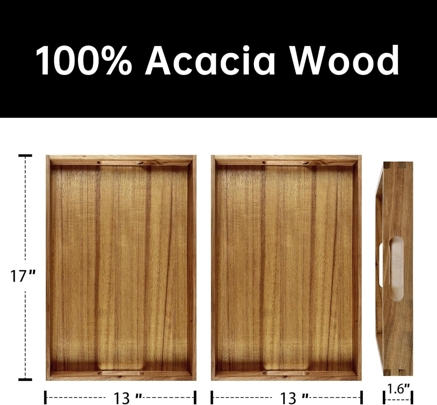 Acacia Wood Serving Tray with Handles (Set of 2)- 17-Inch Decorative Wooden Tray - Perfect for Breakfast, Lunch, Dinner, Ottoman, Coffee Table - Living Room and Couch Tray