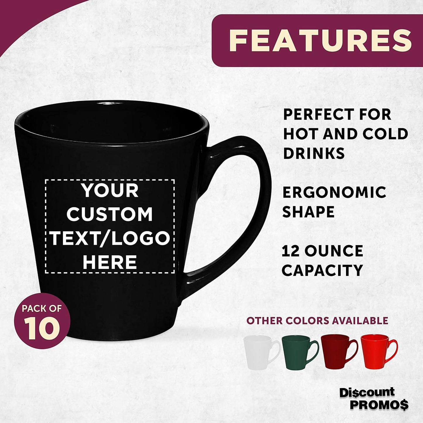 DISCOUNT PROMOS Custom Glossy Ceramic Latte Coffee Mug 12 oz. Set of 10, Personalized Bulk Pack - Perfect for Tea, Espresso, Cappuccino, Hot Cocoa - Black