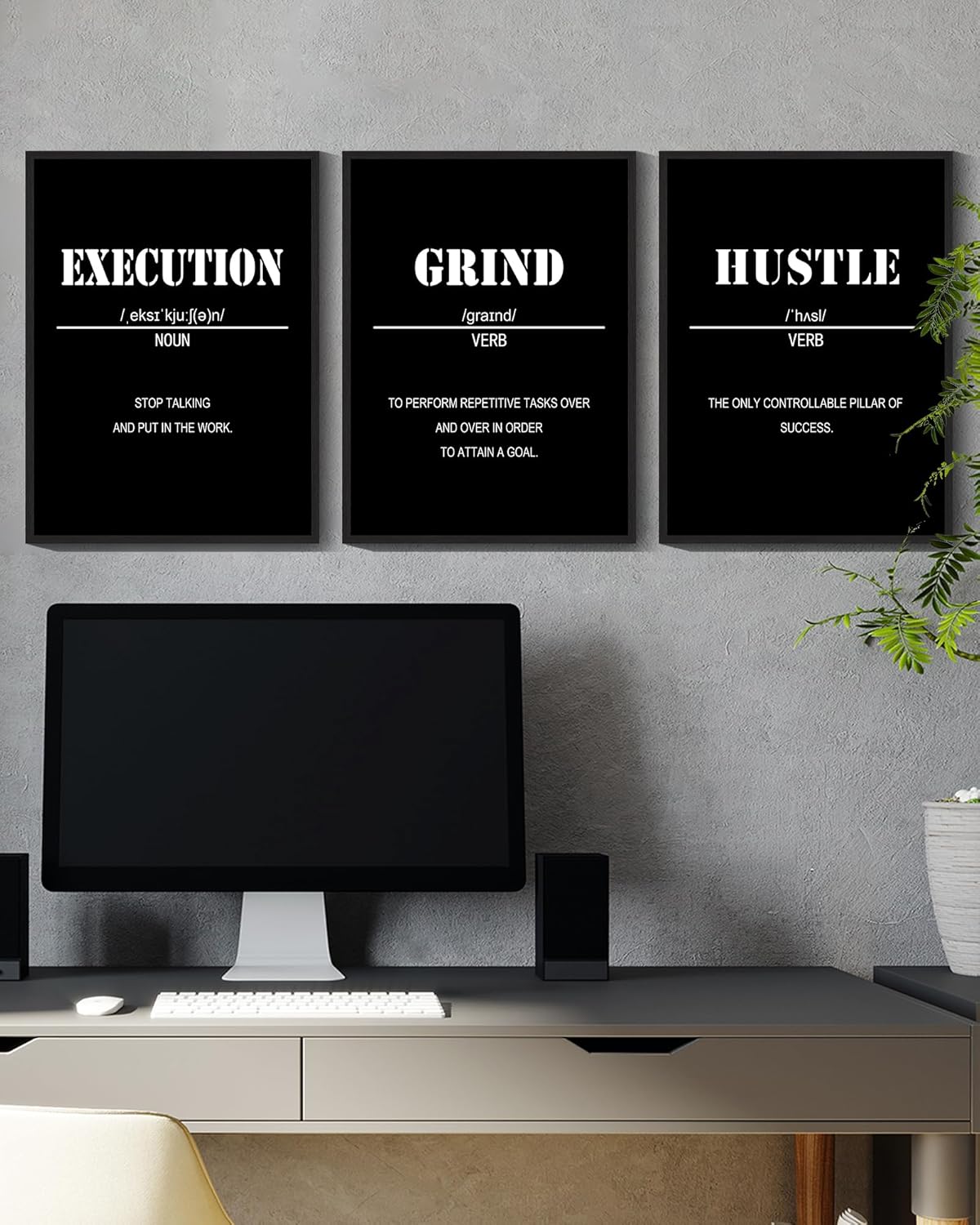 Drsoum Inspirational Office Framed Wall Art Motivational Grind Hustle Success Canvas Wall Decor Encouraging Quotes Sayings Paintings 3 Pieces Artwork Home Bedroom Easy to Hang 11x14in (Black Framed)