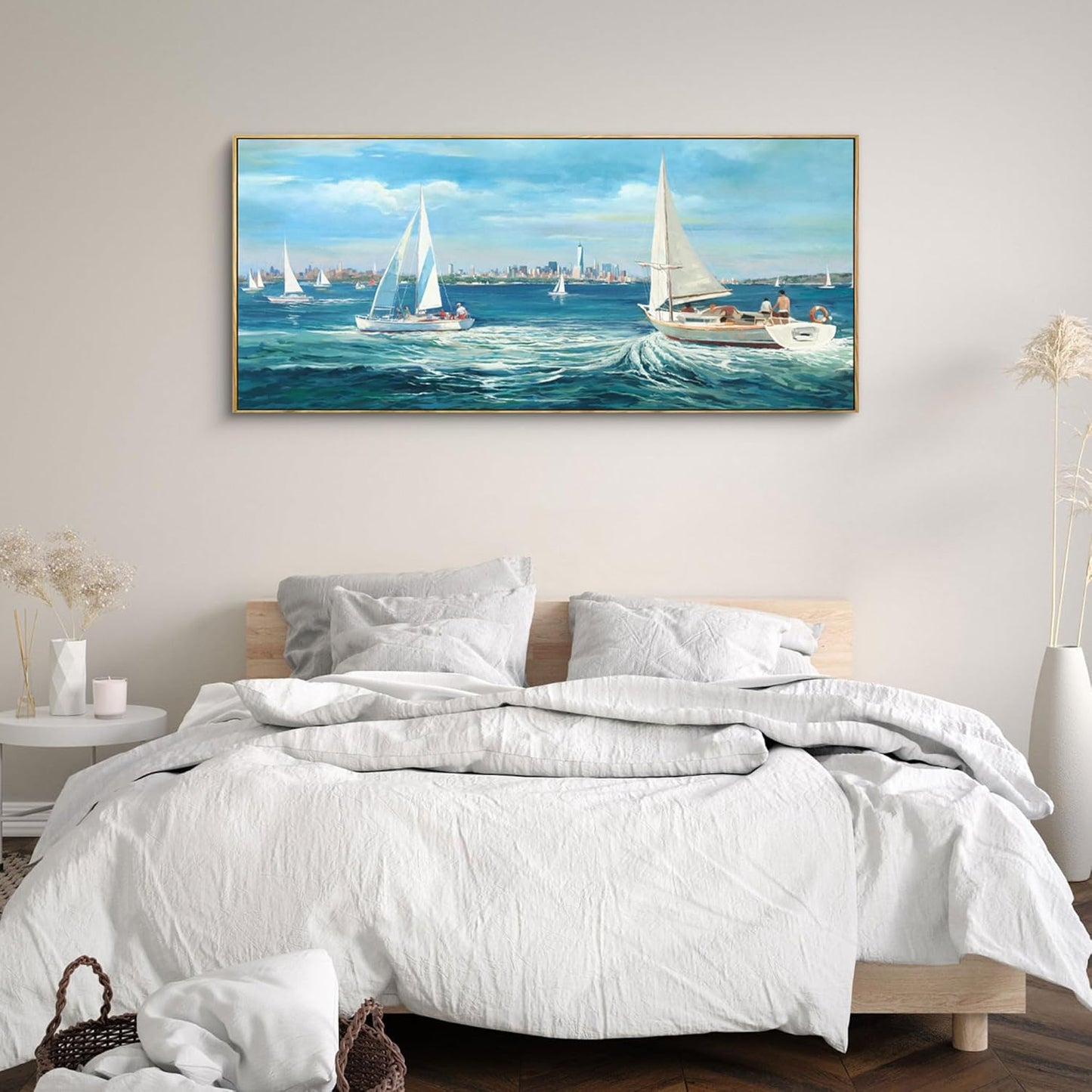 XLSJERST Large Blue Canvas Wall Art Seascape Painting - Landscape Picture Textured Navy Modern Sailboat Ocean Artwork Framed for Living Room Bedroom Bathroom Home Office Wall Decor Large Size 70"x31"
