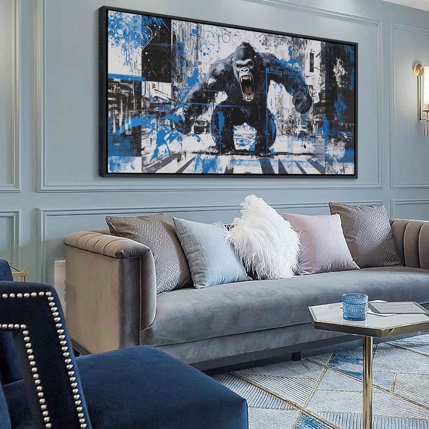 JEAWA Large Framed Wall Art, Gorilla City Street Abstract Graffiti Animal Canvas Paintings Black and White Modern Picture for Living Room Bedroom Men Study Home Office Picture Wall Decor 29x58 IN