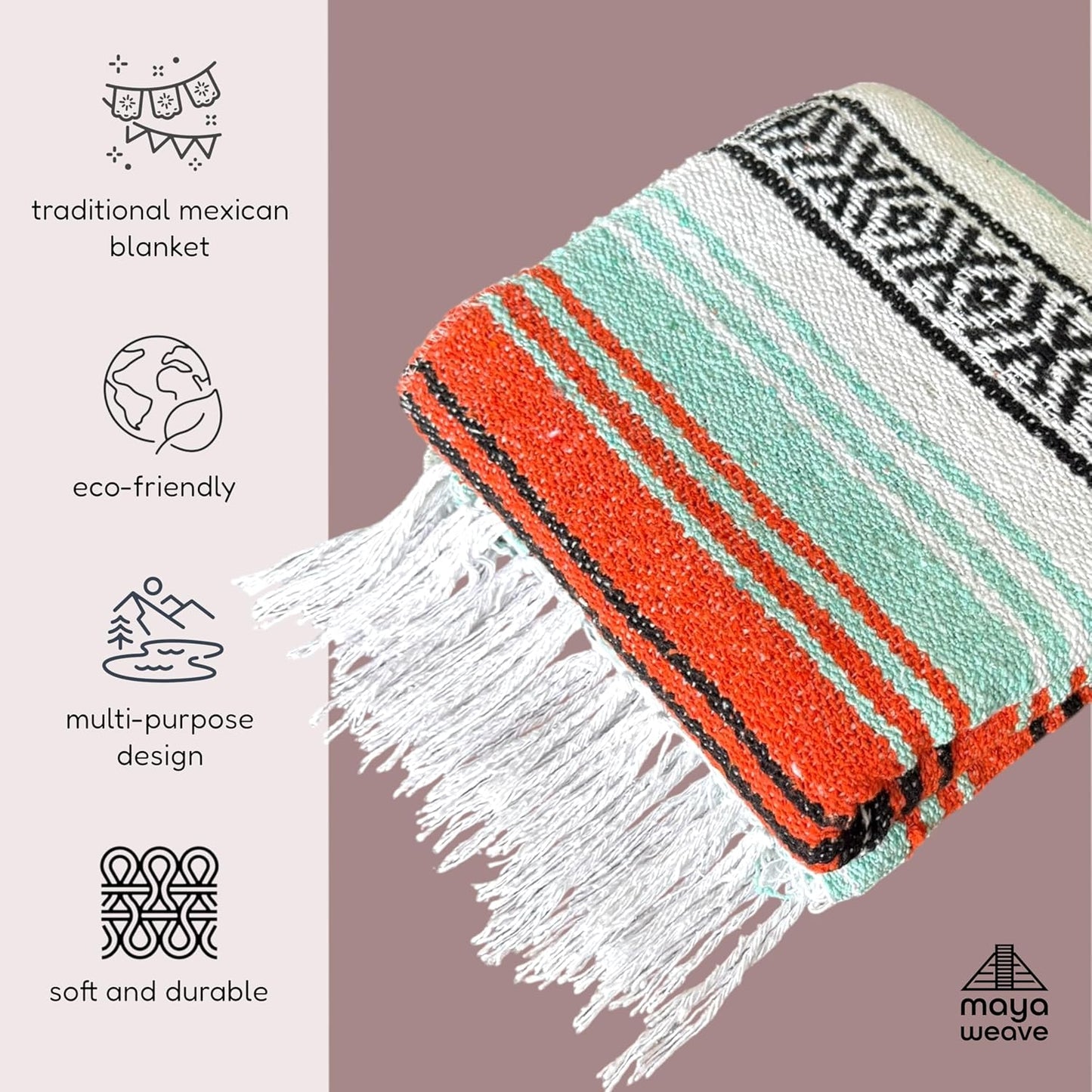 Traditional Handwoven Mexican Blanket, Large Falsa Serape - Soft & Durable - Vibrant Beach, Picnic, Yoga & Camping Mat - Lightweight Boho Throw 70"x50" (Sunset)