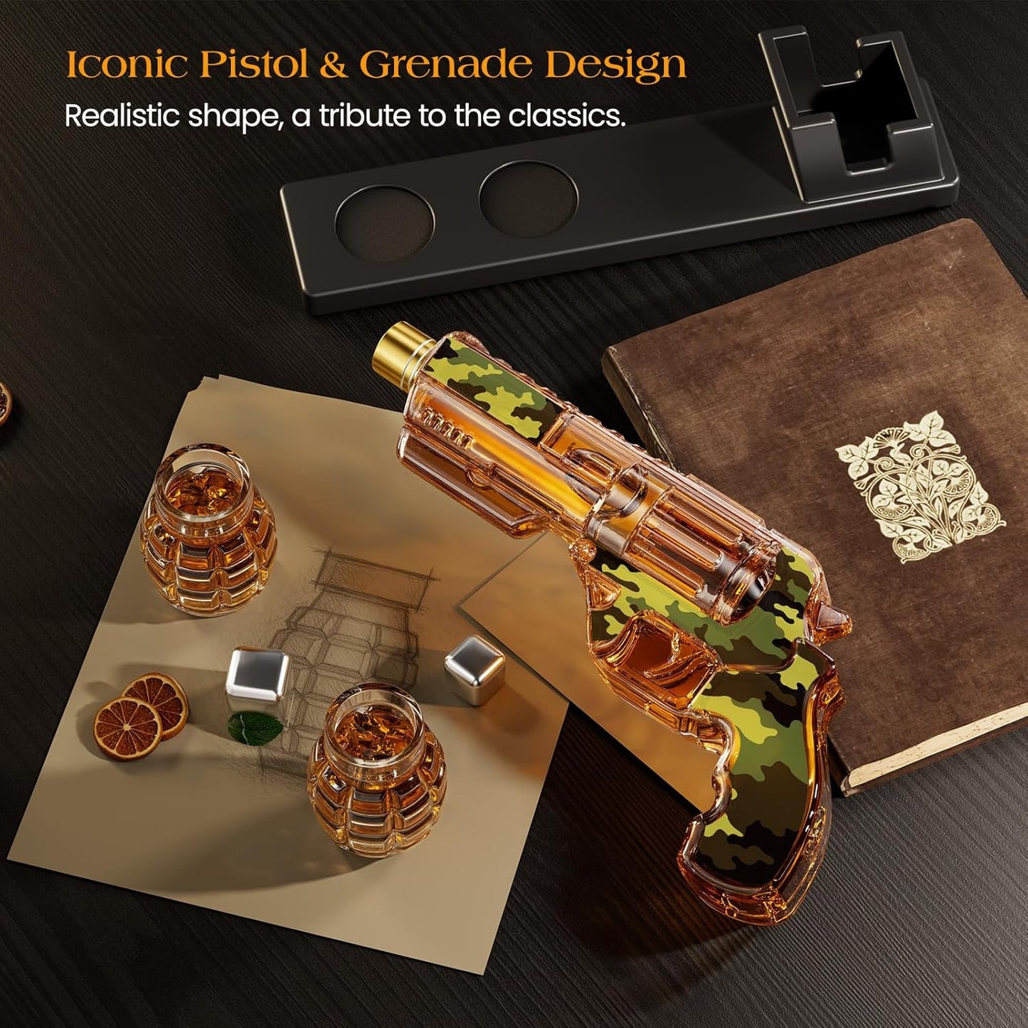 Kollea Camouflage Whiskey Decanter Sets with Grenade Shot Glasses, Anniversary Birthday Gifts for Him, Holiday Gifts for Father, Brother, Husband, Boyfriend, Military Present, Bar Drinking, 12.8 oz