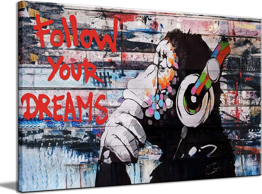Framed Banksy Graffiti Canvas Wall Art Follow Your Dreams Monkey Poster With Headphones Prints Street Painting Picture Man Cave Wall Decor Pop Art for Living Room Ready To Hang 12"Wx16"H (30x40cm))