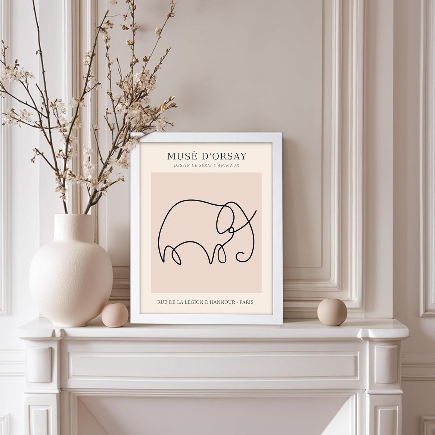 Poster Master Vintage Poster - Retro One Line Elephant Drawing Print - Elephant Art - Minimal Gift for Men, Women, Animal Lover - Abstract Wall Decor for Home, Office, 11x14 White Framed