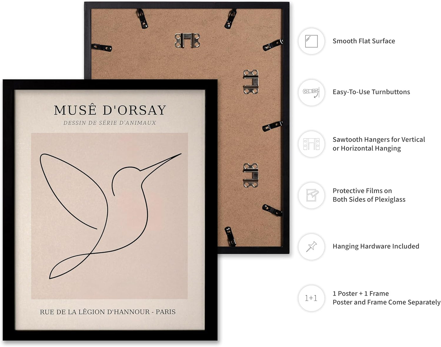 Poster Master Vintage Poster - Retro One Line Hummingbird Drawing Print - Bird Line Art - Minimal Gift for Him, Her, Animal Lover - Abstract Decor for Home, Office, 11x14 Black Framed