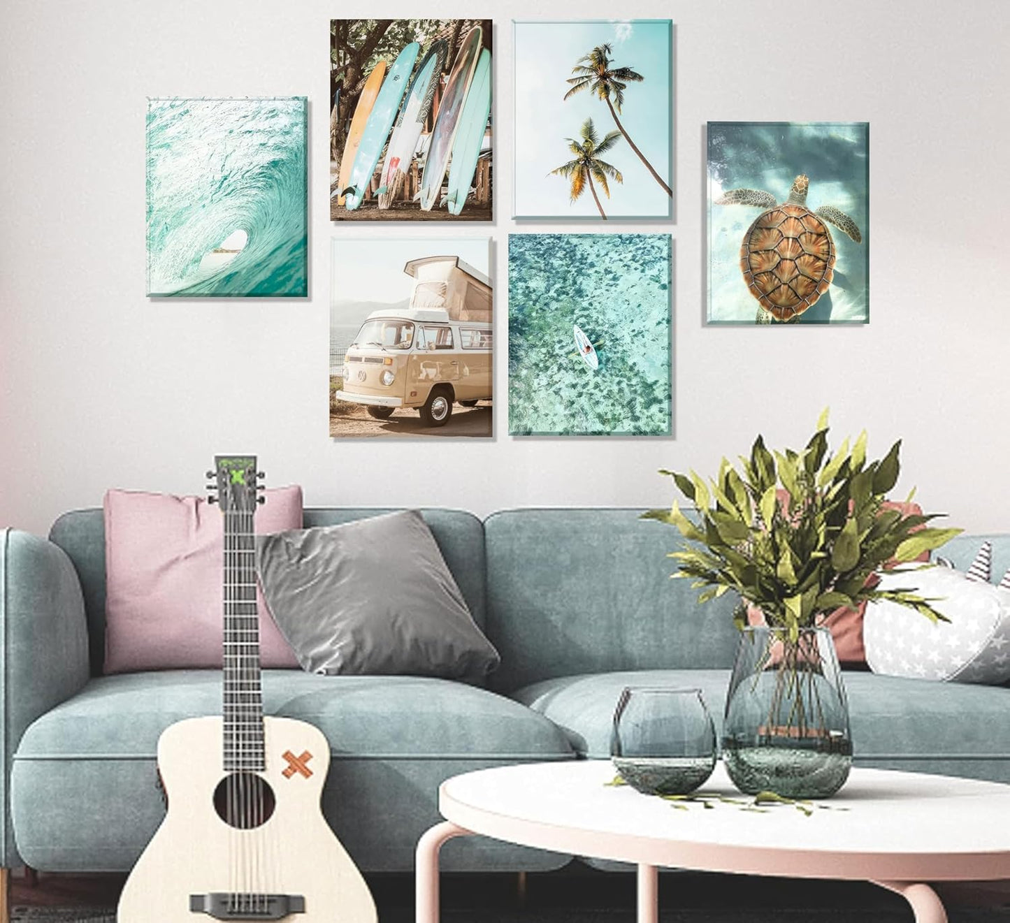 Set of 6 Tropical Beach Canvas Wall Art Surf Poster Summer Ocean Coastal Pictures Turtle Print Palm Tree Surfboard Gallery Paintings Nautical Bus Wall Decor for Bedroom Bathroom Framed