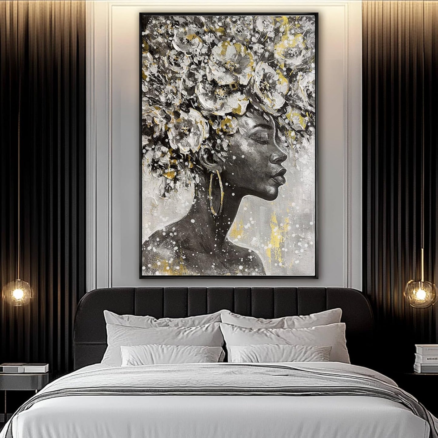 Large Black and Gold African American Wall Art with Framed Black Woman Office Bedroom Living Room Poster Home Hanging Decor 32x48 Inch