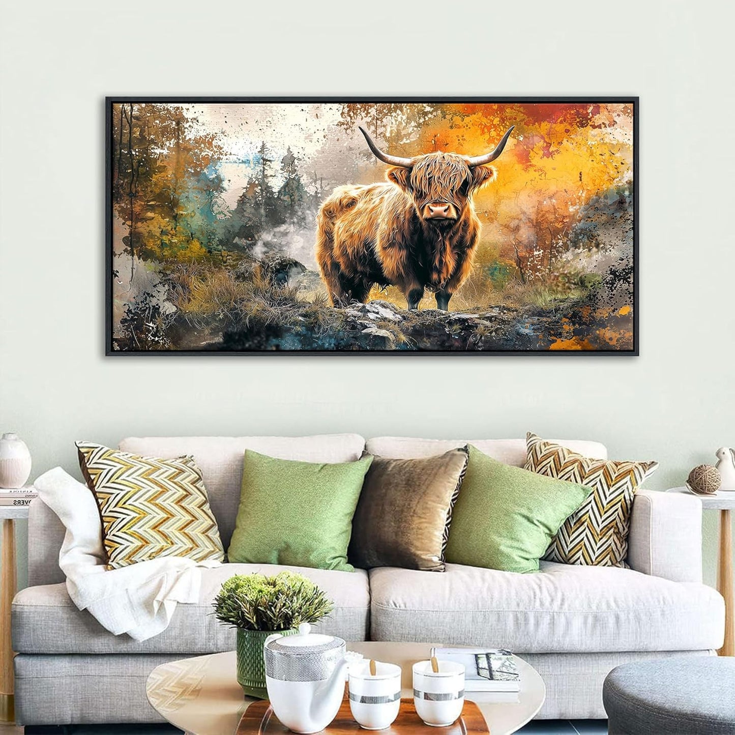 QZQCBLC Large Bedroom Canvas Wall Art, Retro Highland Cow Wall Pictures Modern Abstract Graffiti Forest Landscape Framed Paintings Artwork for Living room Kitchen Home Office Decor 24x48 IN