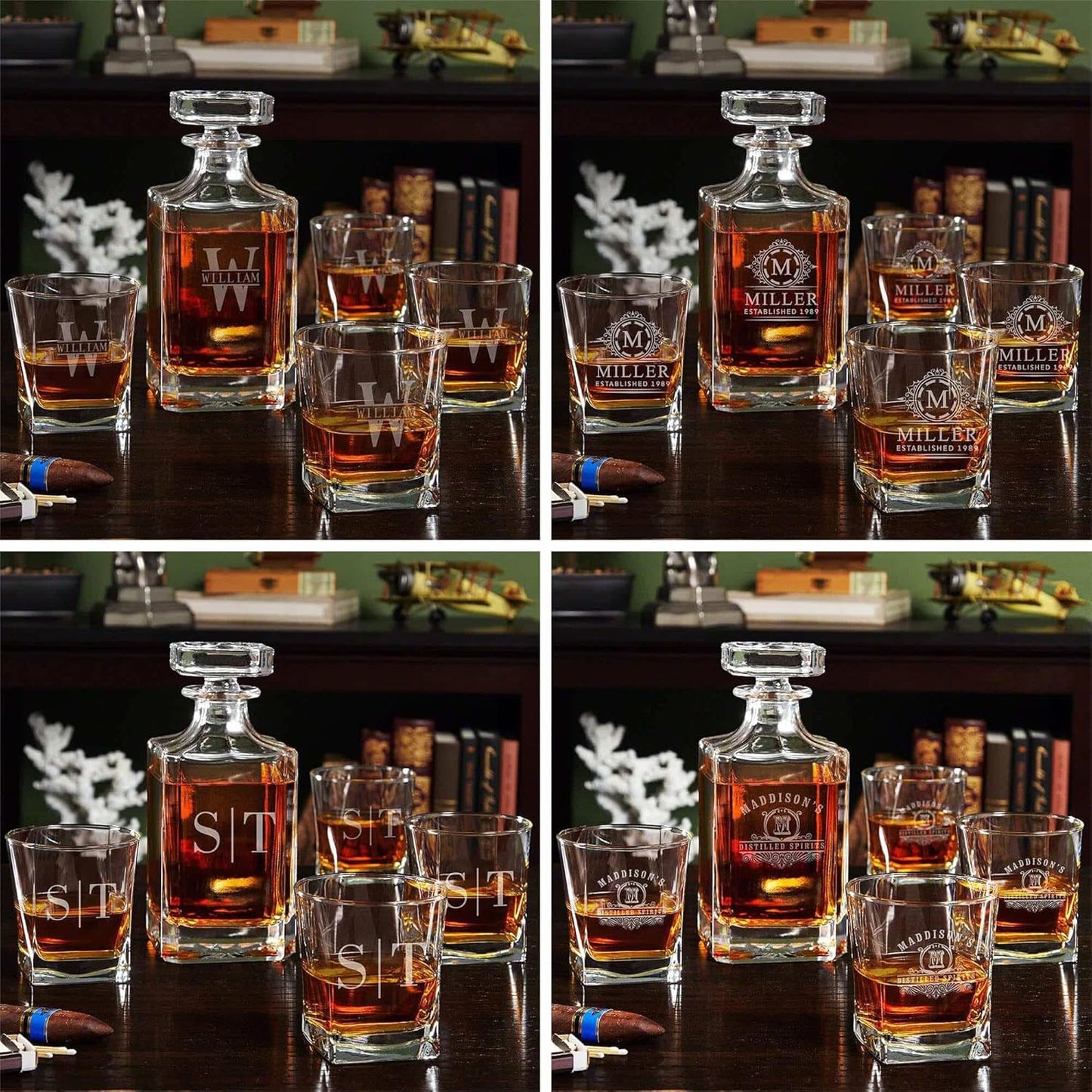 Personalized Bourbon Decanter Set with 4 Glasses by HomeWetBar - Custom Wood Gift Box