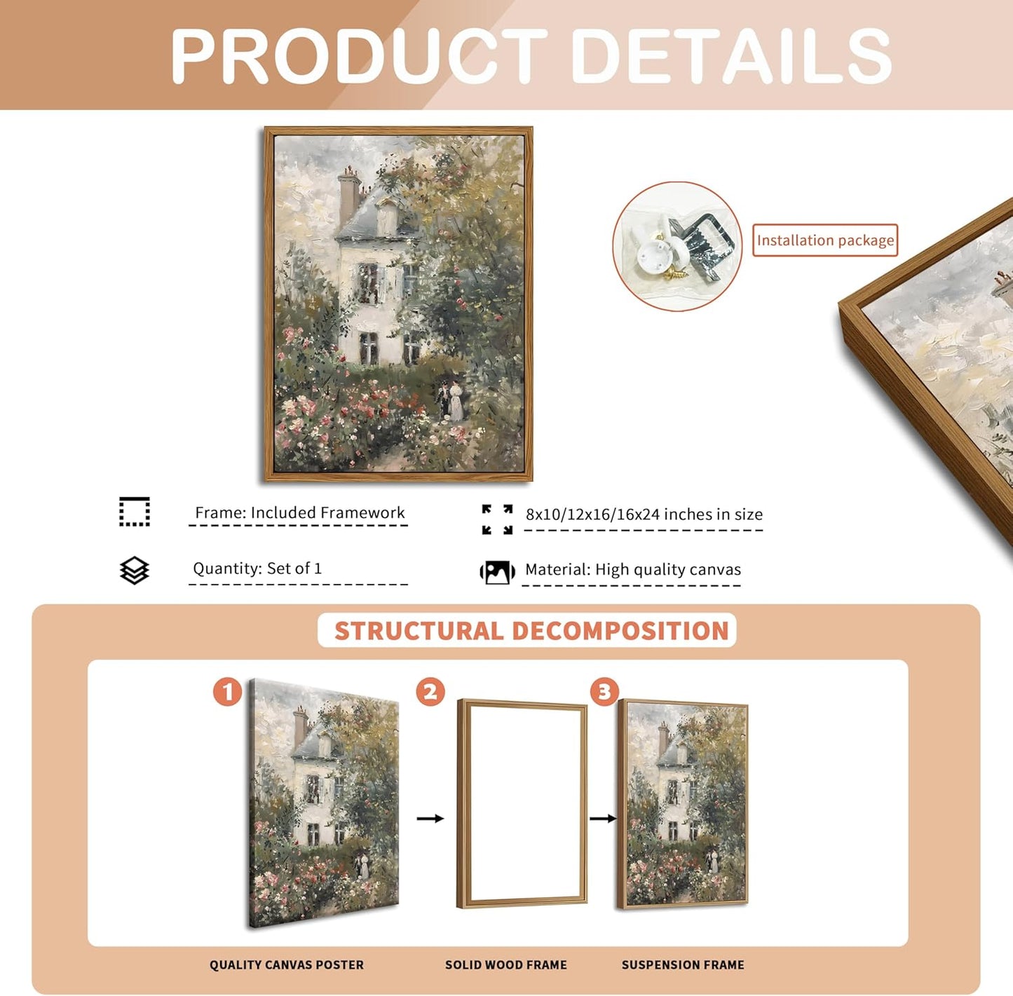 Floating Framed Canvas Vintage Wall Art, Neutral English Cottage Rose Garden Oil Paintings Print, Spring Pictures Wall Decor for Living Room Hallway Bedroom Office Rustic Decor 16x24 inch