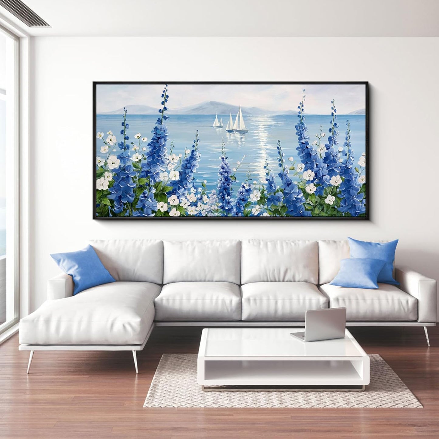 XLSJERST Large Sailboat Wall Art - Blue Canvas Abstract Painting Textured Picture Artwork Vintage Nautical Flower Painting Coastal Modern Print 29"x58" Frame for Living Room Bedroom Home Decoration