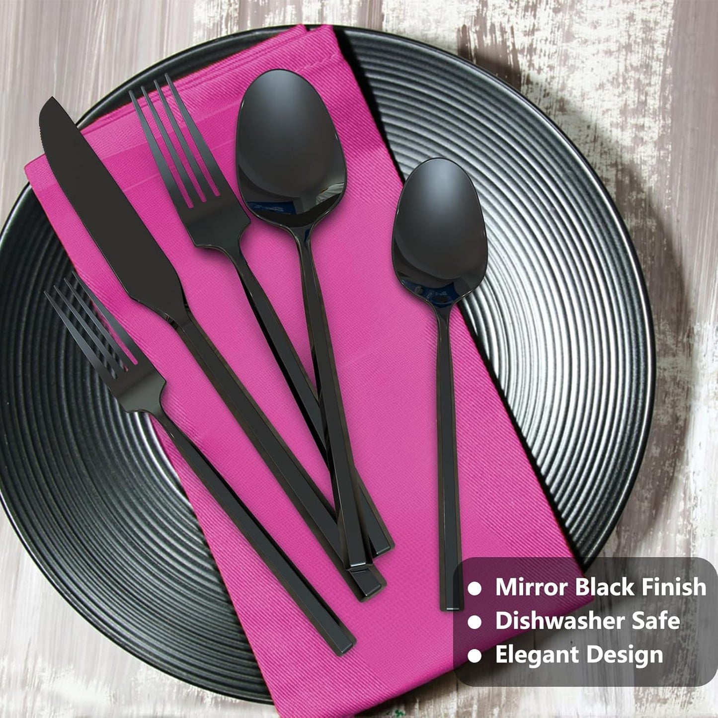 Black 20 Piece Stainless Steel Silverware Set, Handle Flatware, Modern Mirror Finish Cutlery Set, Service for 4, Dishwasher Safe