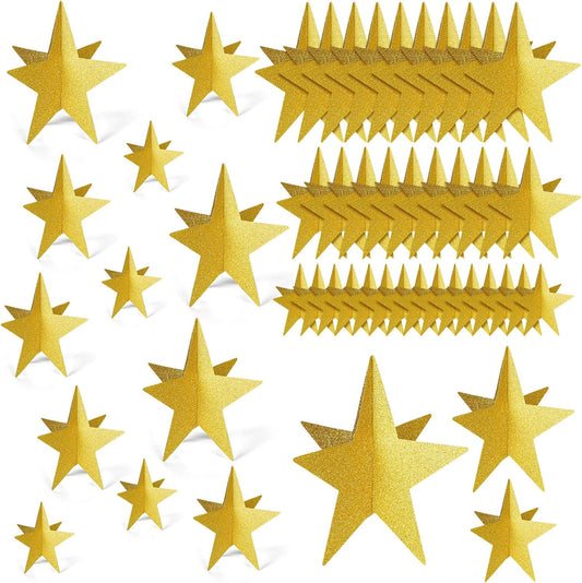 45 Pcs 3D Star Centerpieces Movie Night Decorations for Table in 3 Sizes Hanging Supplies for Red Carpet Film Show Theme Birthday New Year Party First Day of School Table Decor(Gold)