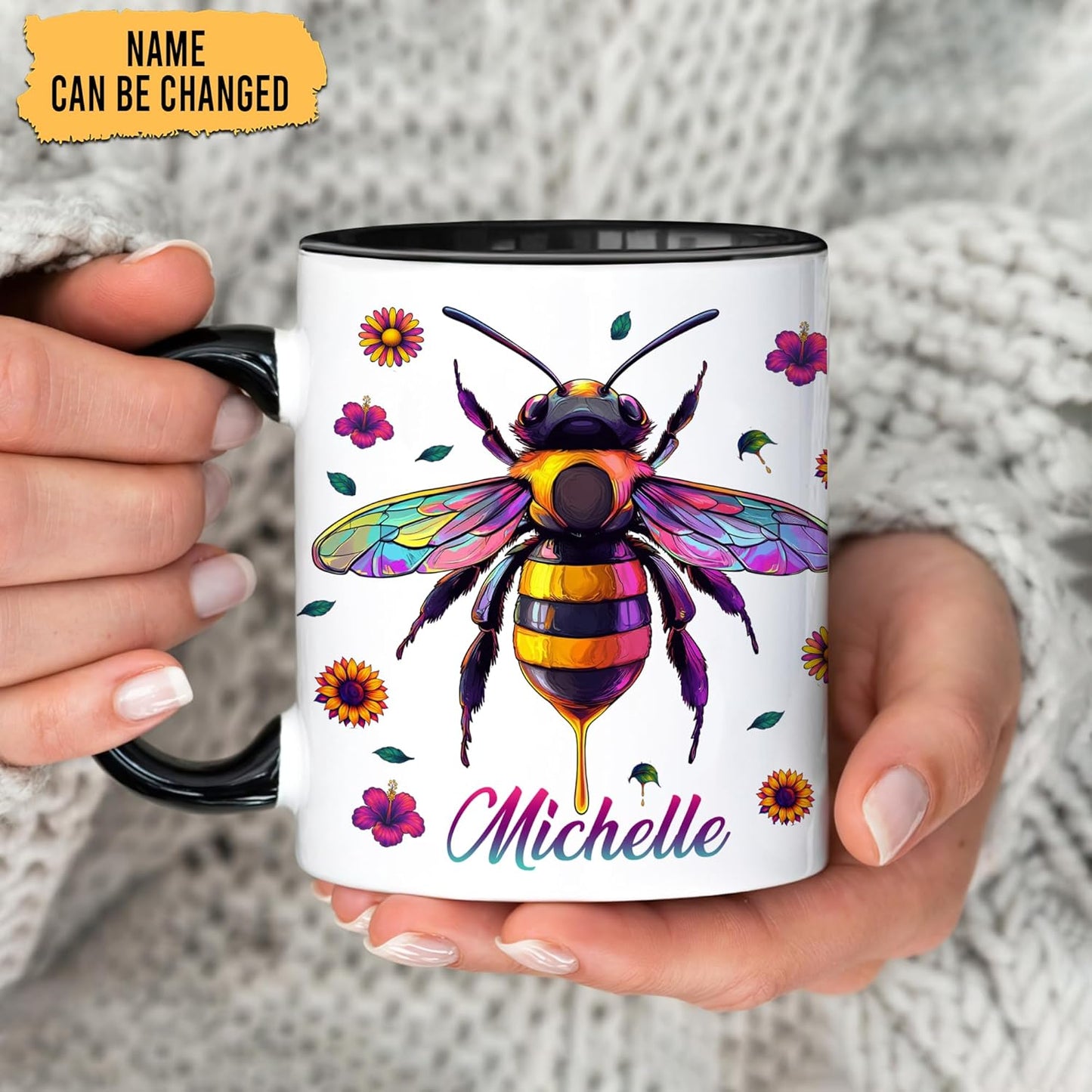 Hyturtle Personalized Colorful Bee Mug - Bee Keeper Gifts For Women Lovers Teacher - Honey Gifts For Beekeeper Farmer On Birthday - Queen Honeycomb Decor - Custom Coffee Cup Ceramic Mug 11 Oz 15 Oz