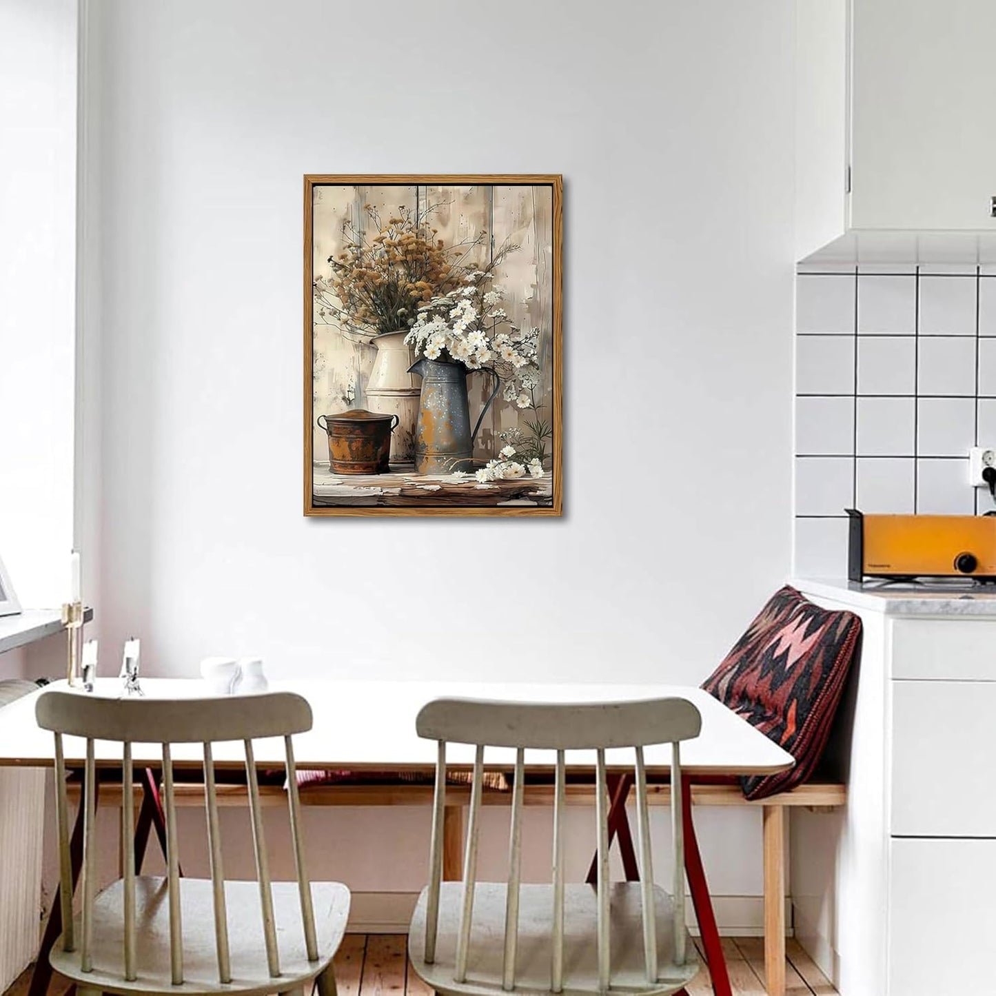 Floating Framed Farmhouse Vintage Canvas Wall Art, Country Floral Daisy Pictures Wall Decor, Wood Grain Art Paintings Poster for Living Room Bedroom Bathroom Rustic Decor 16x24 inch