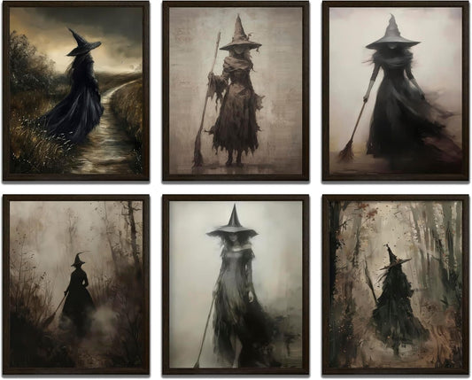 LANCHI95 6 Pcs 8x10in Vintage Rustic Witch Posters Halloween Wall Art Witch in The Forest Painting Prints Goth Dark Moody Wall Decor for Living Room Bedroom 8x10 in (UNFRAMED)