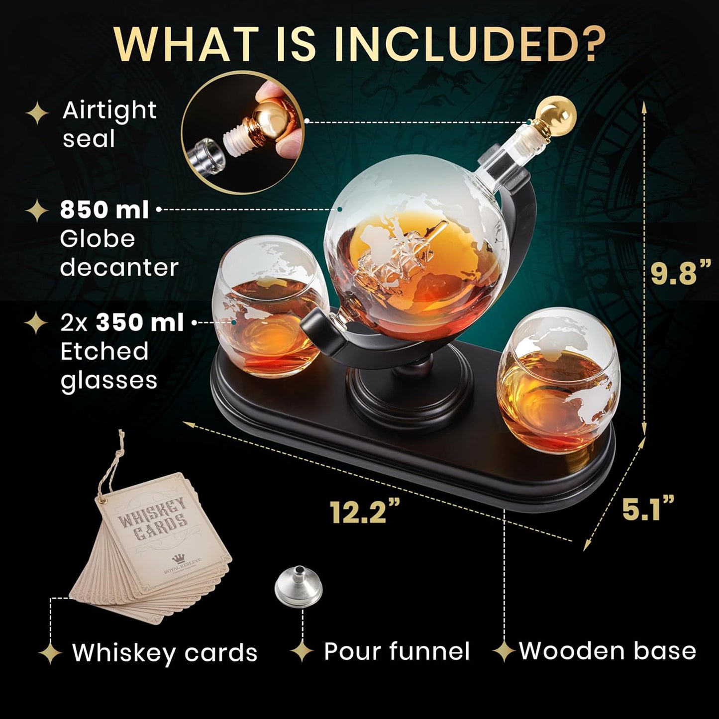 Globe Whiskey Decanter Gift Set by Royal Reserve | Etched World Map Globe Decanter 29 oz 850 ml with Glasses for Bourbon, Liquor – Whiskey Gifts for Men Dad Boyfriend Husband