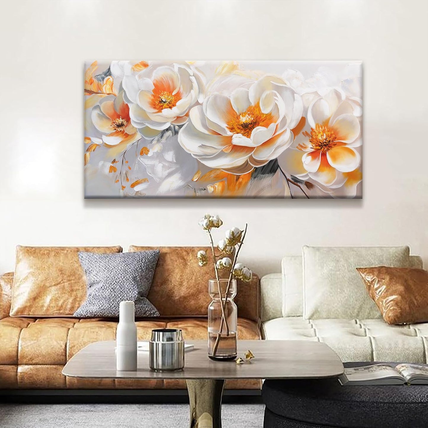 Suconvng Canvas Art Wall Decor Floral Wall Art For Living Room Modern Canvas Painting Prints Pictures Orange White Flower Wall Art Picture For Bedroom Hotel Home Wall Decor 24 X 48 Inch