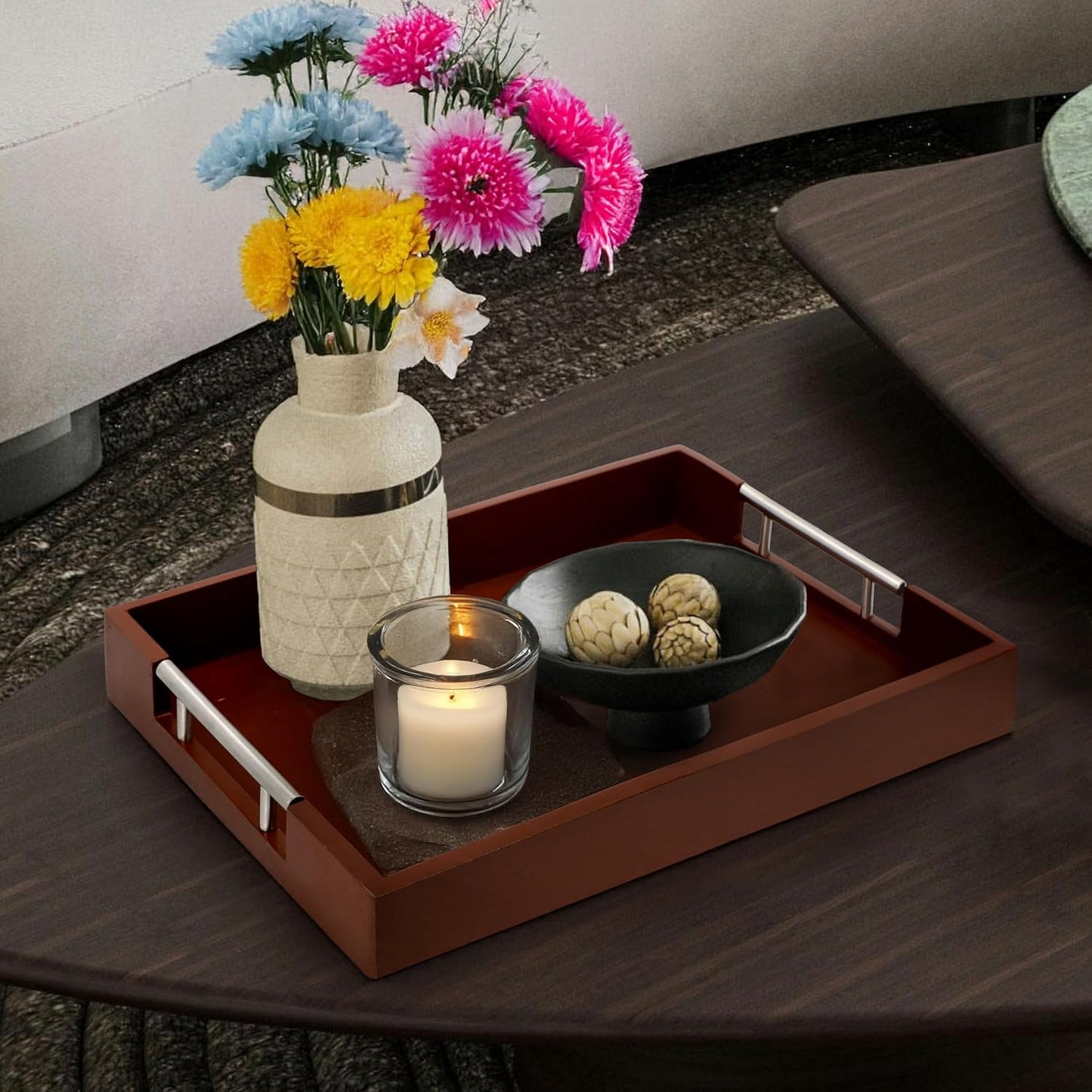 Acacia Wood Serving Tray with Handles - 17" x 13" Rectangular, Decorative Ottoman Tray for Living Room, Coffee Table, Breakfast in Bed, Candle Display