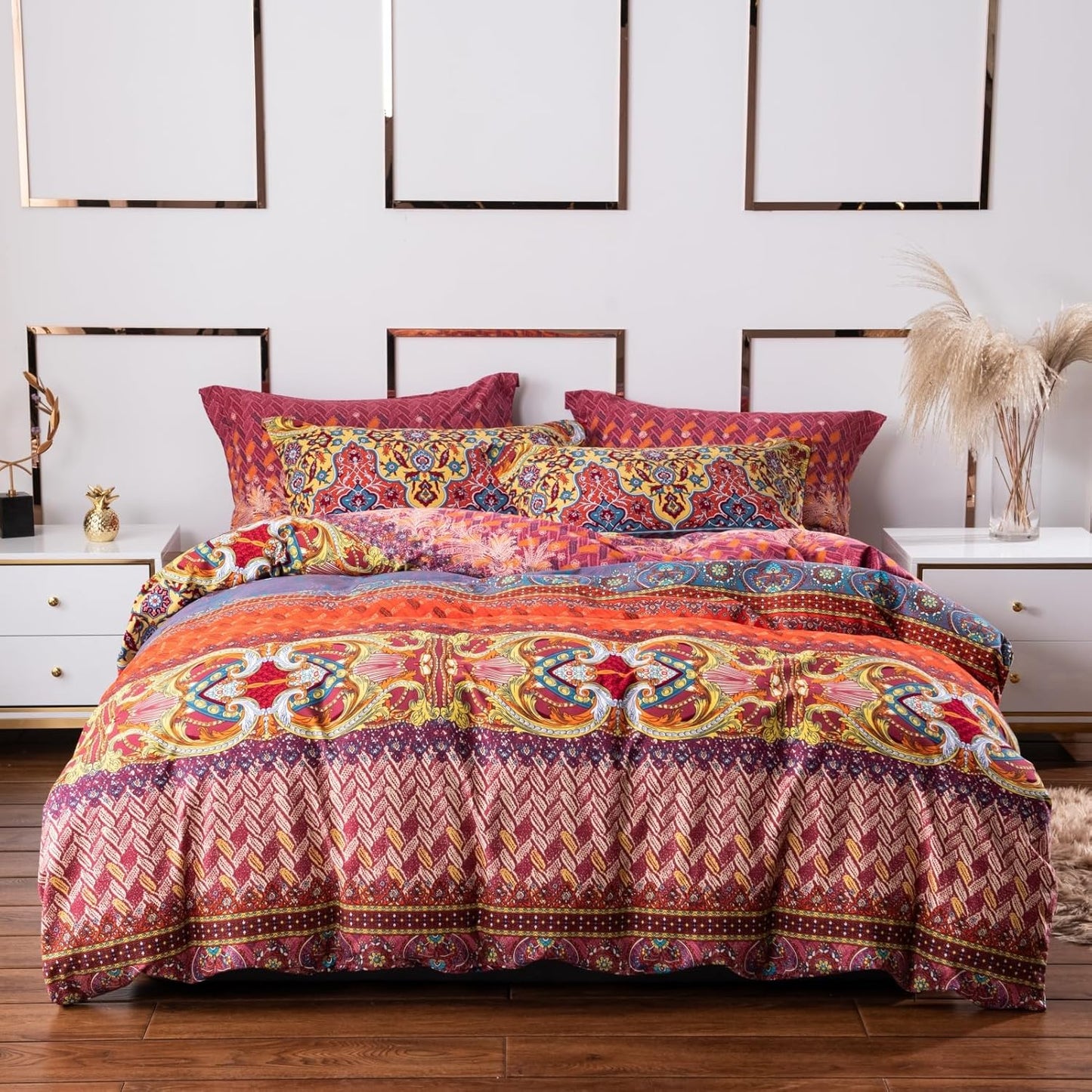 ABREEZE Bohemian Duvet Cover Set Colorful Orange Boho Retro Bedding Set Damask Paisley Cotton Duvet Cover Tribal Reversible Bedding Exotic Style Comforter Cover 3-Piece Queen