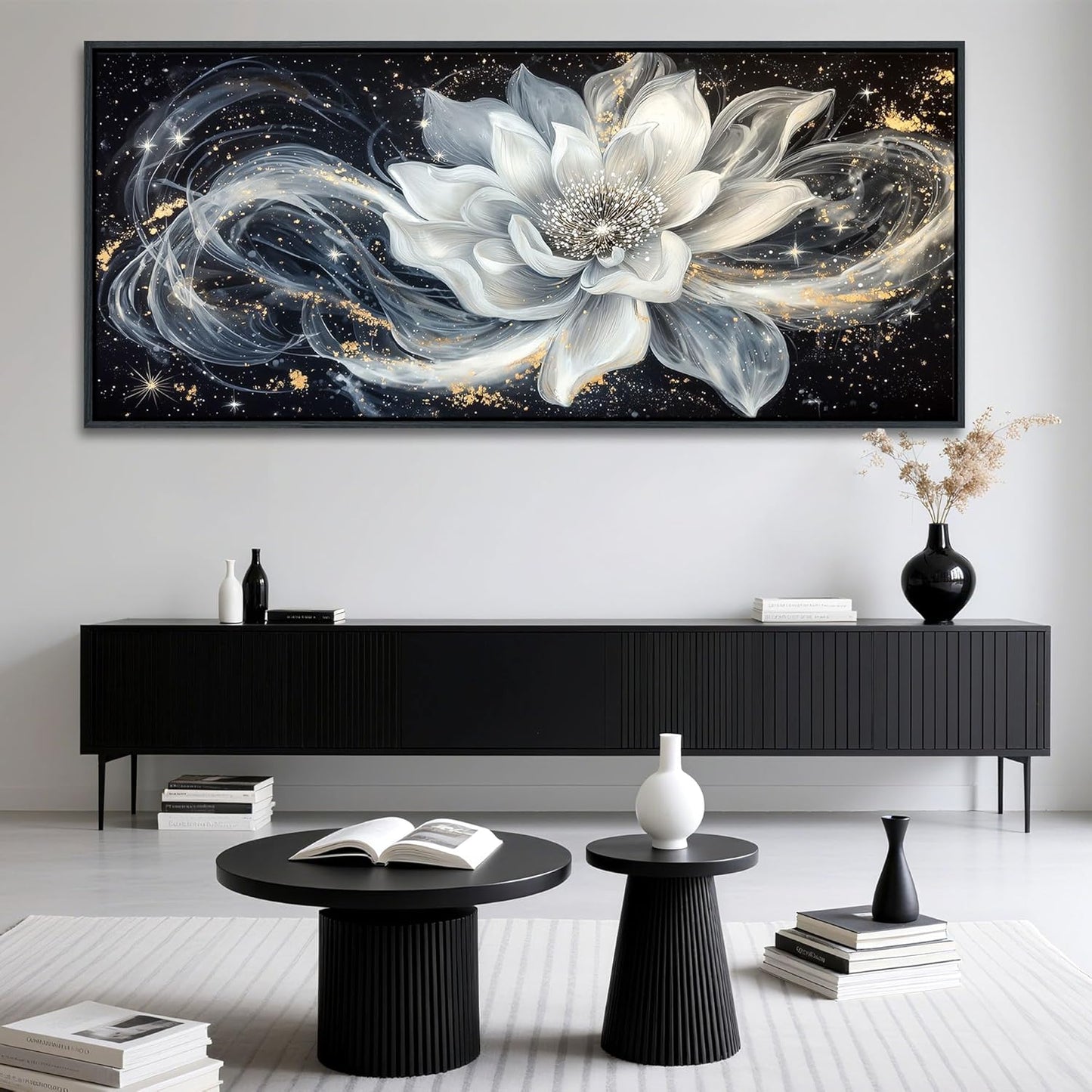 QZQCBLC Extra Large Wall Art, Black and White Lotus Modern Abstract Flower Pictures Gold Silver Canvas Framed Painting Artwork for Living room Bedroom kitchen Hallway Home Office Decor 32x71 IN