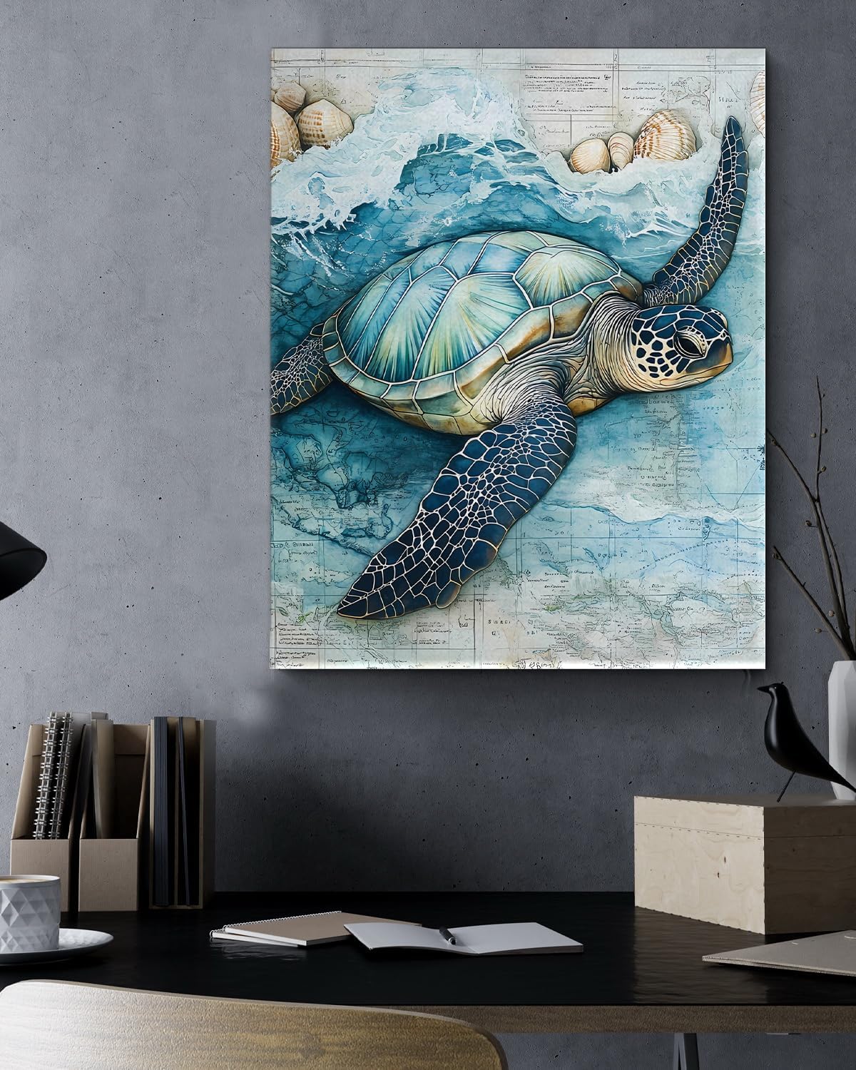 Coastal Sea Turtle Canvas Wall Art Turtle Nautical Ocean Theme Print Poster Framed Picture Painting for Home Beach House Bedroom Wall Decor 8x10 Inch