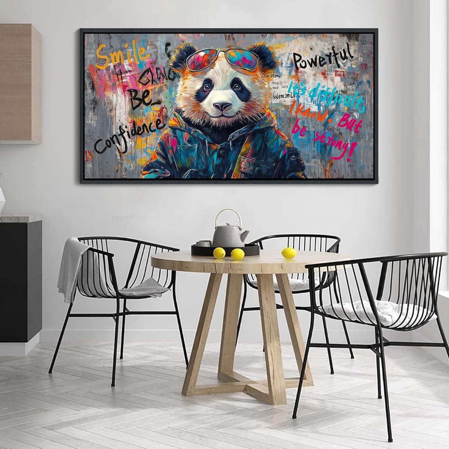 JEAWA Large Canvas Framed Wall Art, Panda Abstract Graffiti Street Art Pop Wall Picture Black and White Paintings Ready to Hang Living Room Bedroom Study Home Office Inspirational Decor 29x58 IN