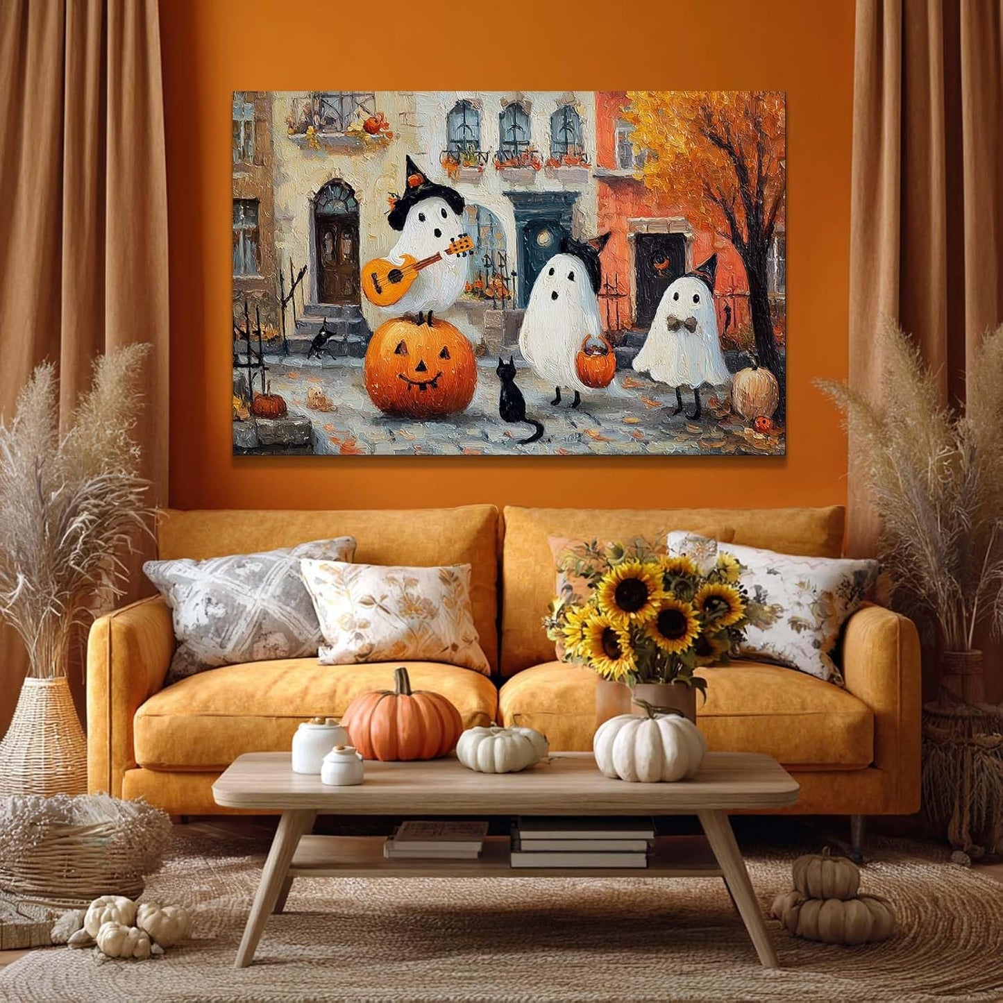 Laoife Vintage Halloween Canvas Wall Art, Autumn Pumpkin Cute Ghost Canvas Prints, Halloween Party House Decoration (Ghost 5)