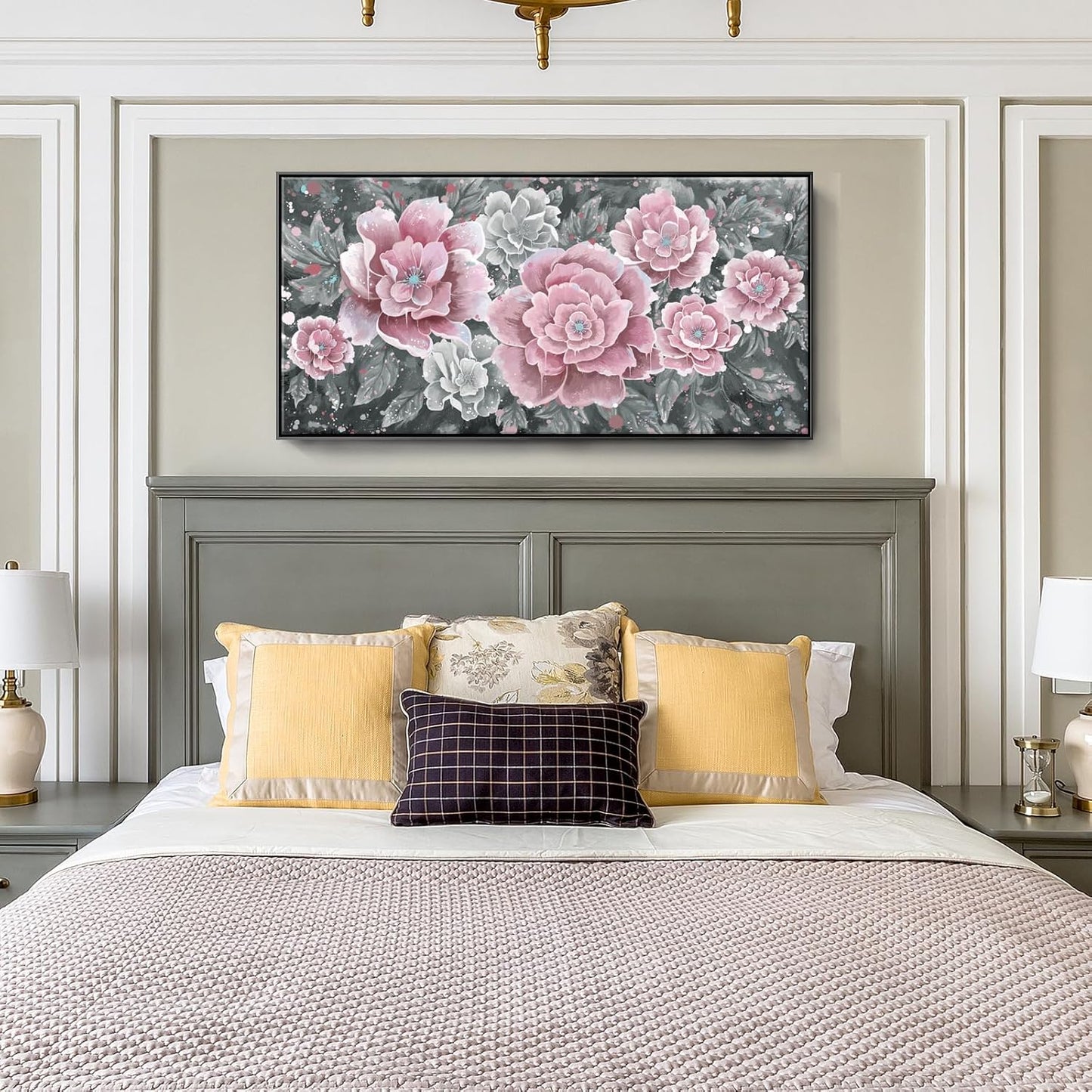 Large Pink Wall Art for Living Room- Pink and Black Peony Floral Canvas Wall Art Modern Framed Moody Black and White Wall Picture Flower Artwork Decor for Bedroom Dining Room Office 48x24