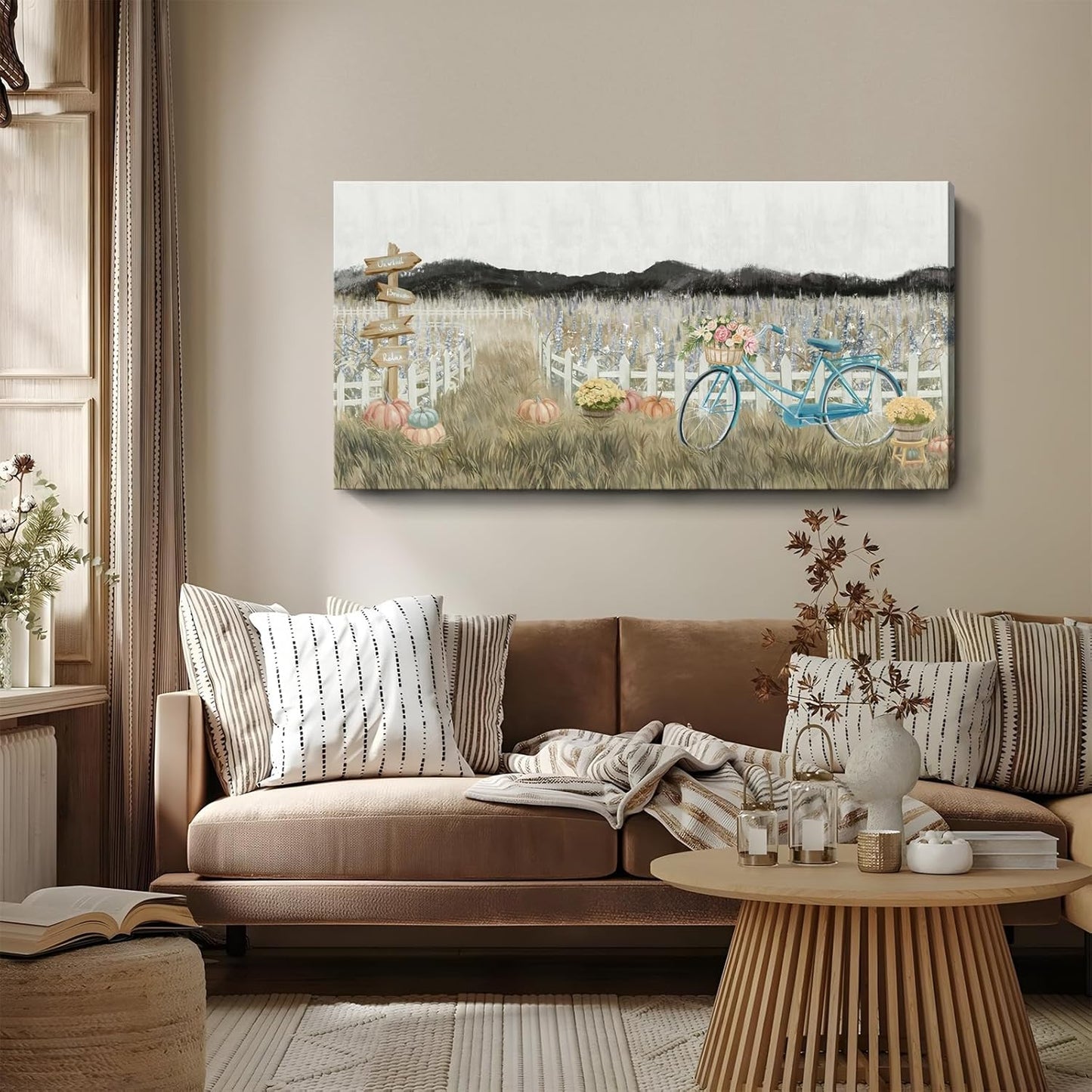 Large Wall Art for Living Room Farmhouse Wall Decor, Modern Boho Vintage Organnic Country Rustic Cottagecore Neutral Landscape Artwork with Mountains Bicycle Flower, Floral Picture Bedroom Kitchen