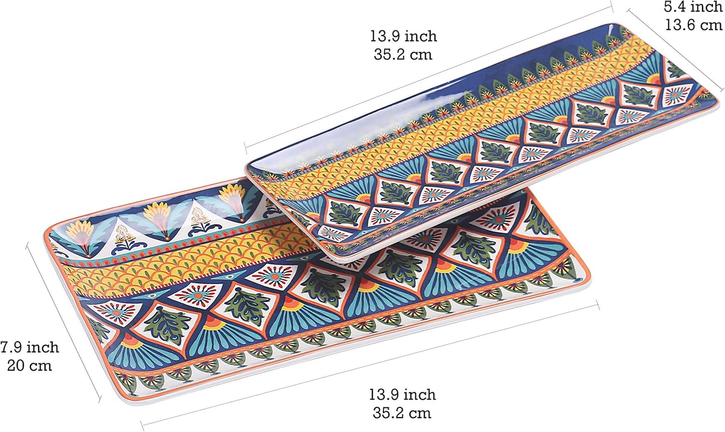 Bico Havana Ceramic 14 inch Rectangular Serving Platter, Set of 2, for Serving Salad, Pasta, Cheese, Ham, Appetizer, Microwave & Dishwasher Safe